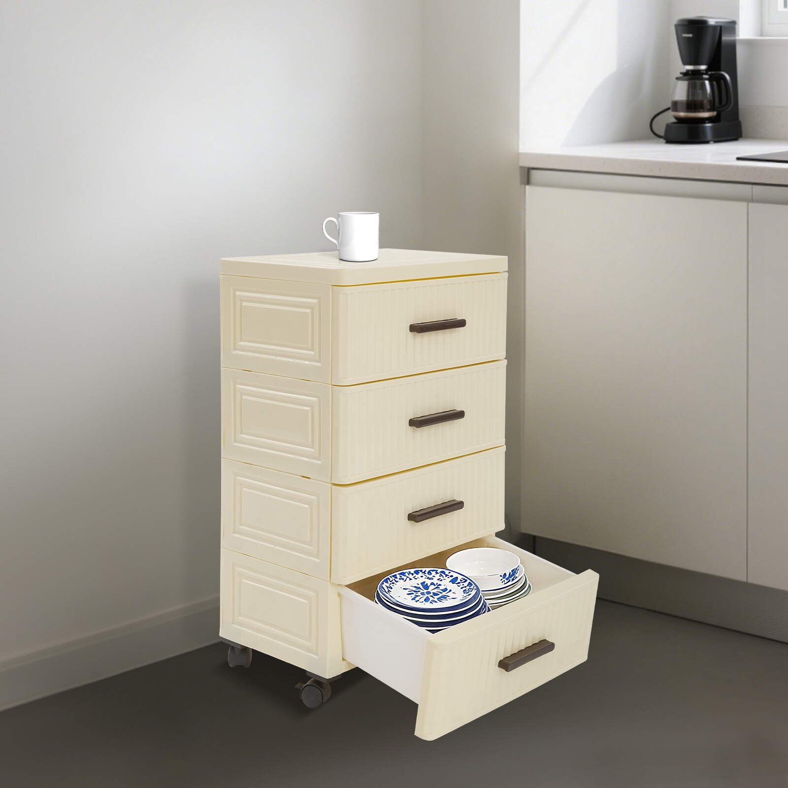 4 Tier Drawer Storage Cabinet With 4 Universal Wheels PP Rolling Organizer