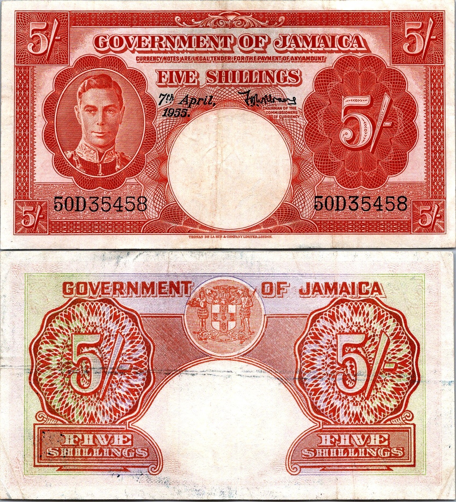 Jamaica 5 Shillings 1955 Pick # 37 XF