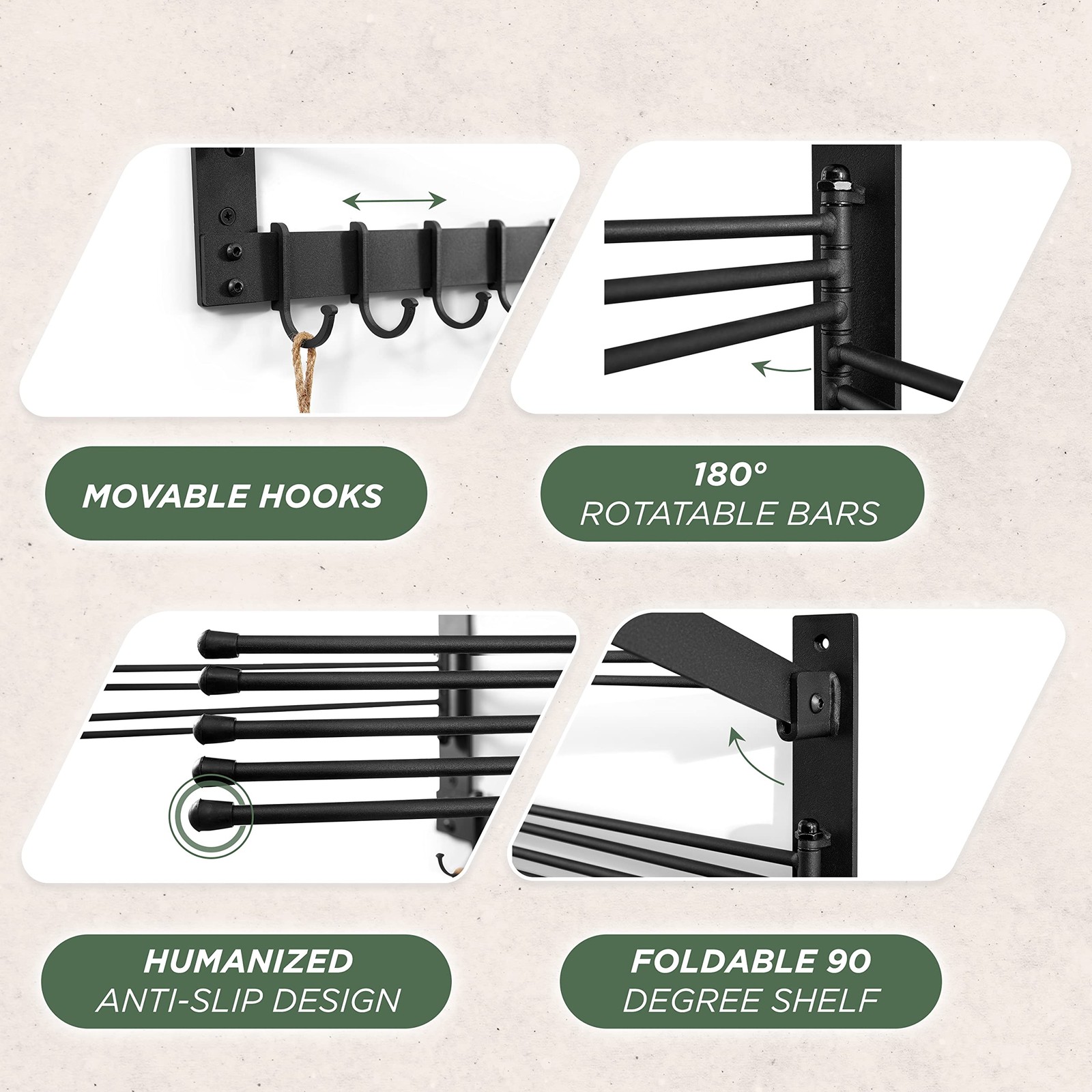 BATODA Wall-Mounted Steel Clothes Drying Rack, Solid Steel, Multi-function