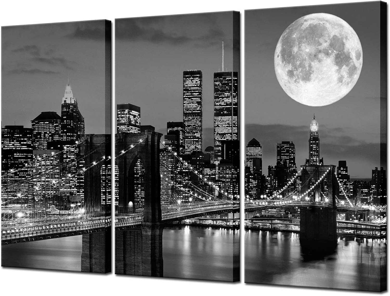 Biuteawal New York Skyline Wall Art Brooklyn Bridge Moon Night View Picture...