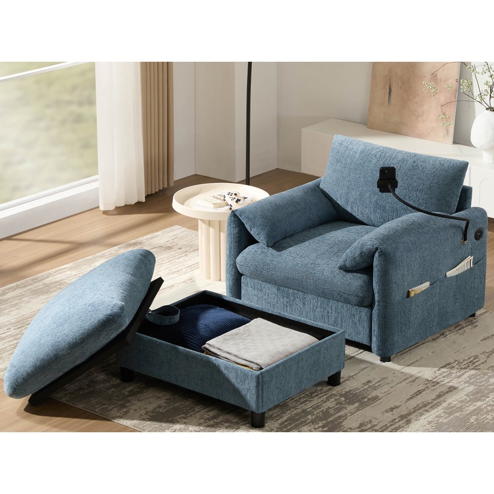 37" Cloud Chaise Sofa w/ Storage Ottoman, Charger & Phone Holder, Blue