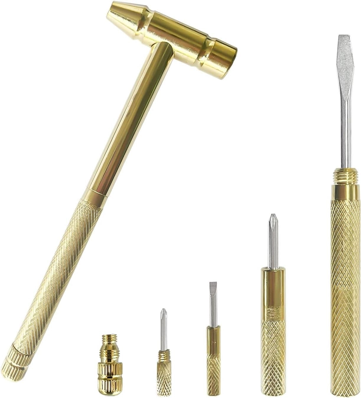 1Set Gold Mini Brass Hammer with Screwdriver Hand Tools Multifunction 6 in 1 Jew