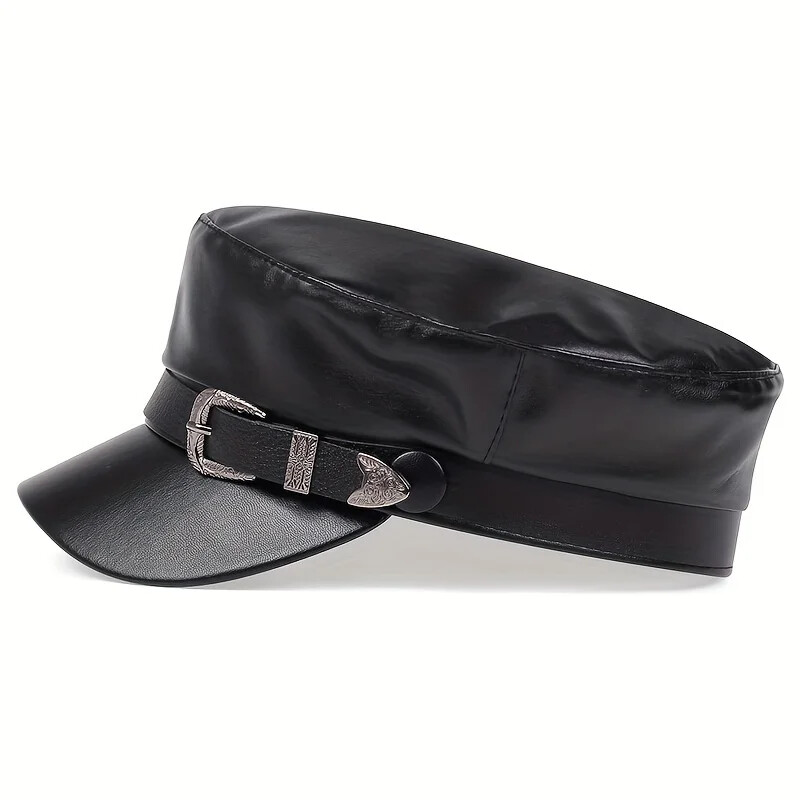 Fashion Women Large Belt Buckle Leather Hat Spring Autumn Sailor Hats Black