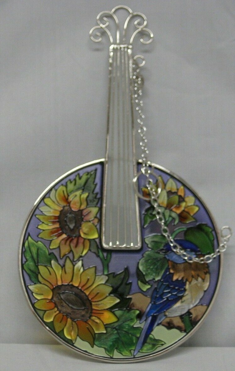 Amia Blue Grass Guitar Hand Painted Glass Suncatcher, 8" X 5" 5218