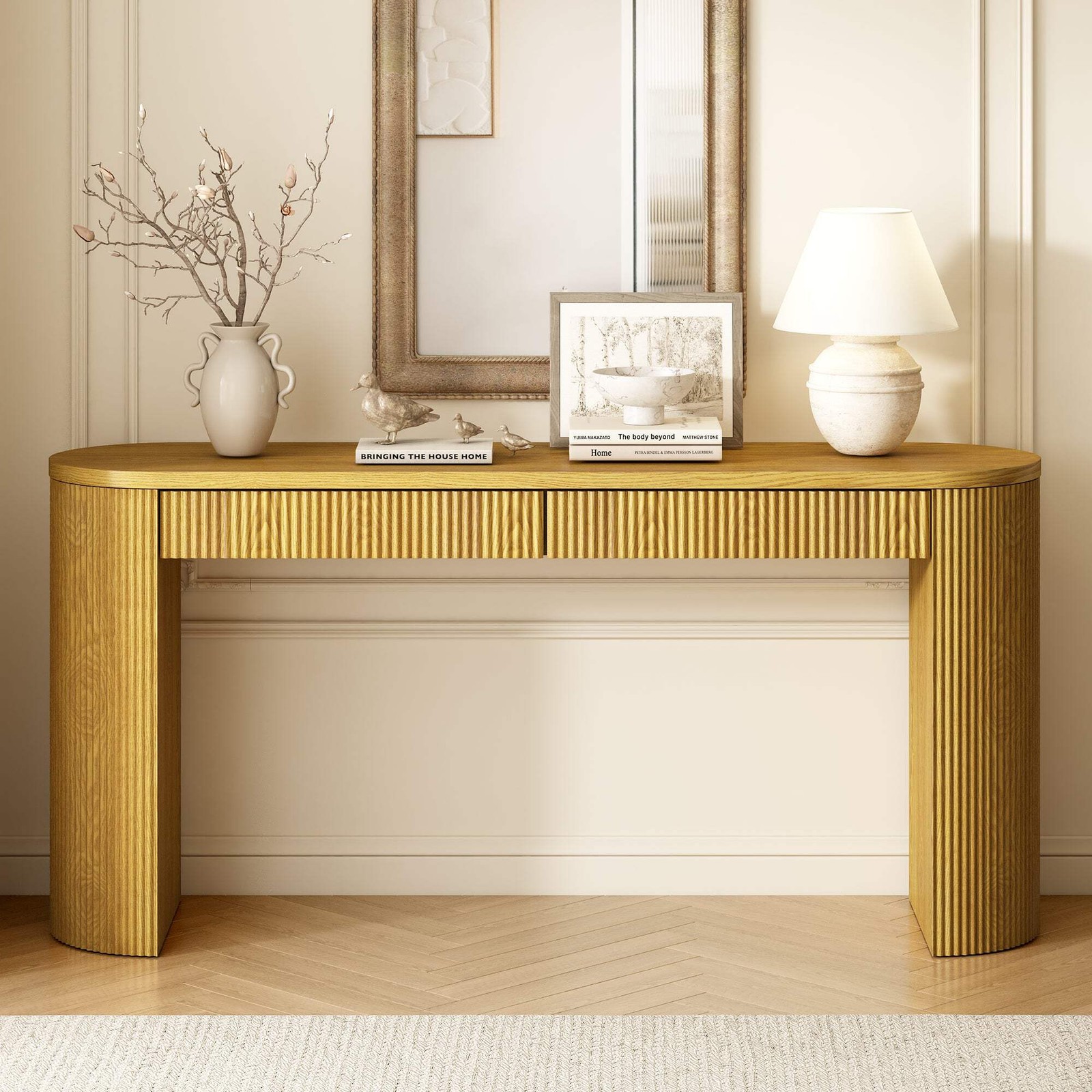 Homy Casa 58.2" Entryway Table with Large Top and Dual Drawers Arched Sturdy Leg