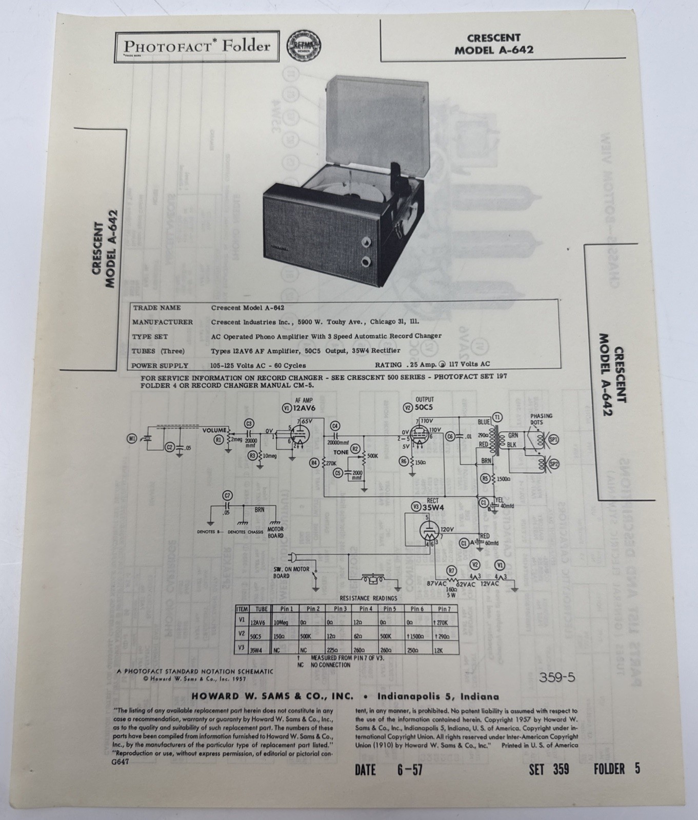 Vintage 1957 SAMS PHOTOFACT - Crescent Model A-642