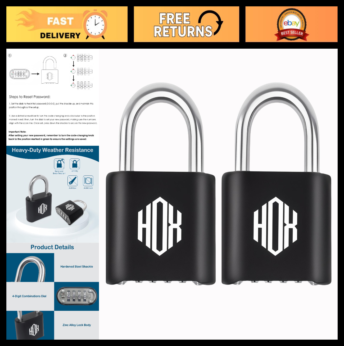 Heavy Duty 4 Digit Combination Lock - Waterproof Outdoor Padlock, 2 Pack for Gym