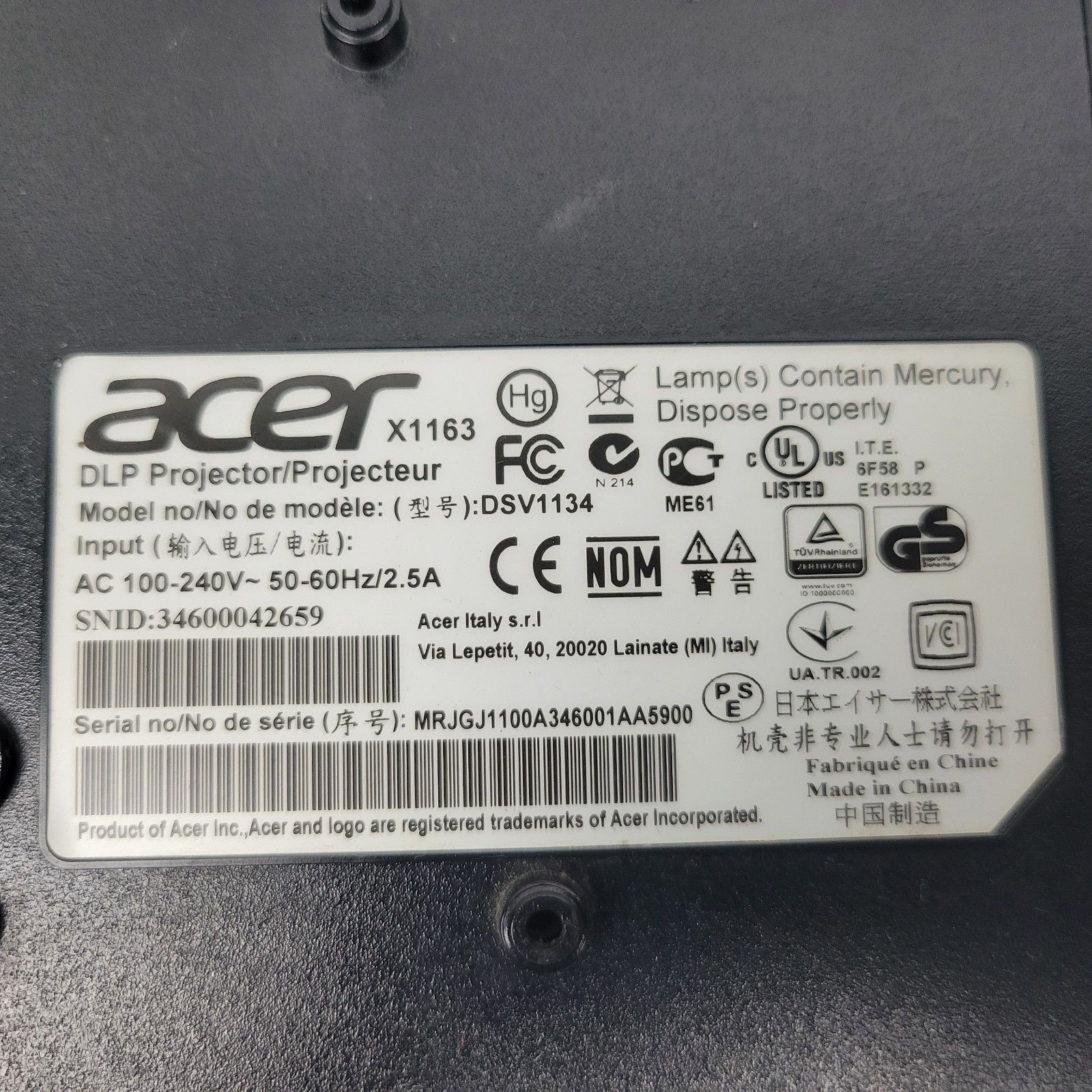 ACER DSV1134 DLP Projector Tested Working READ Description
