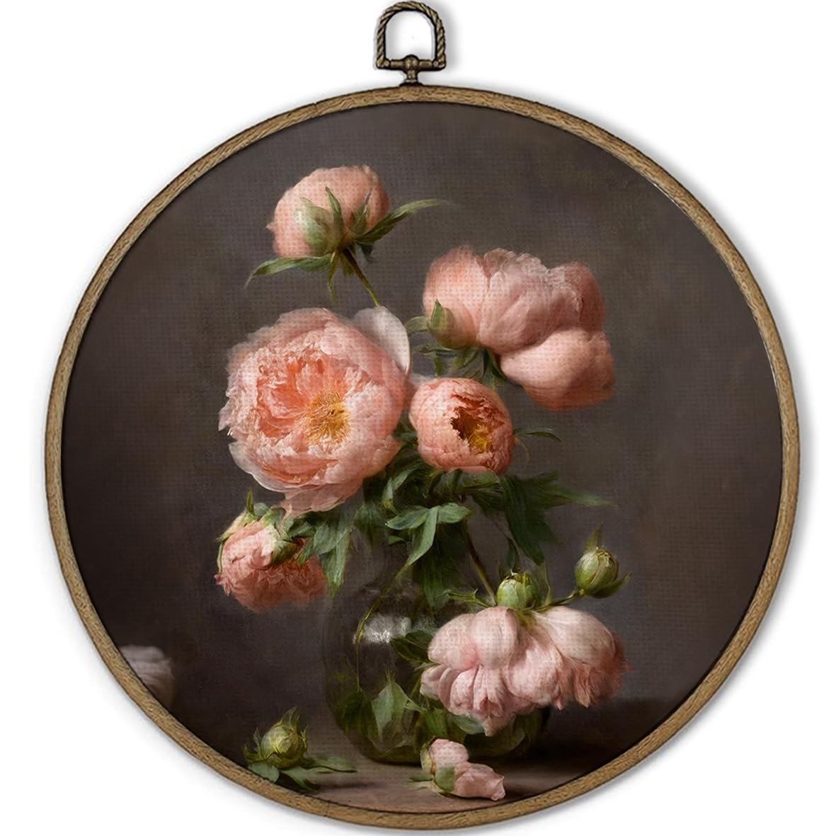 Vintage Moody Pink Peonies Round Framed Wall Art Decor - Dark Multicolor