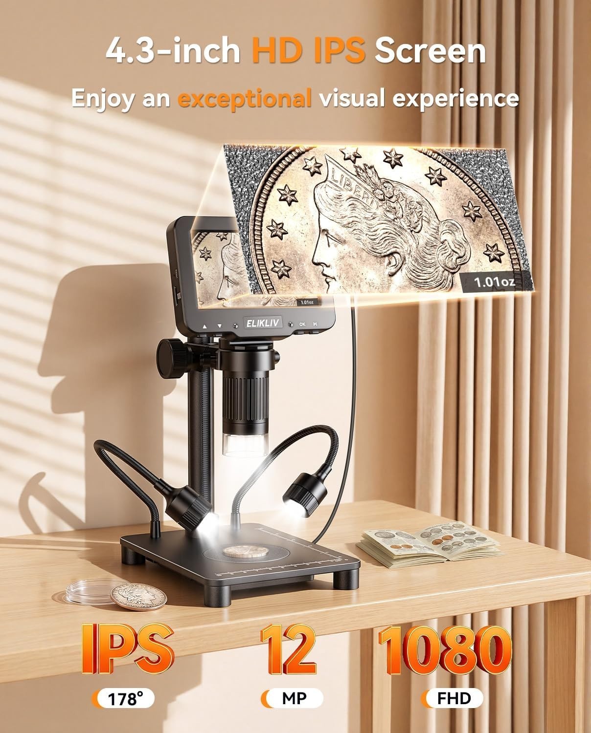 Coin Microscope 0.1g Scale 1000X Magnification 4.3" IPS Screen