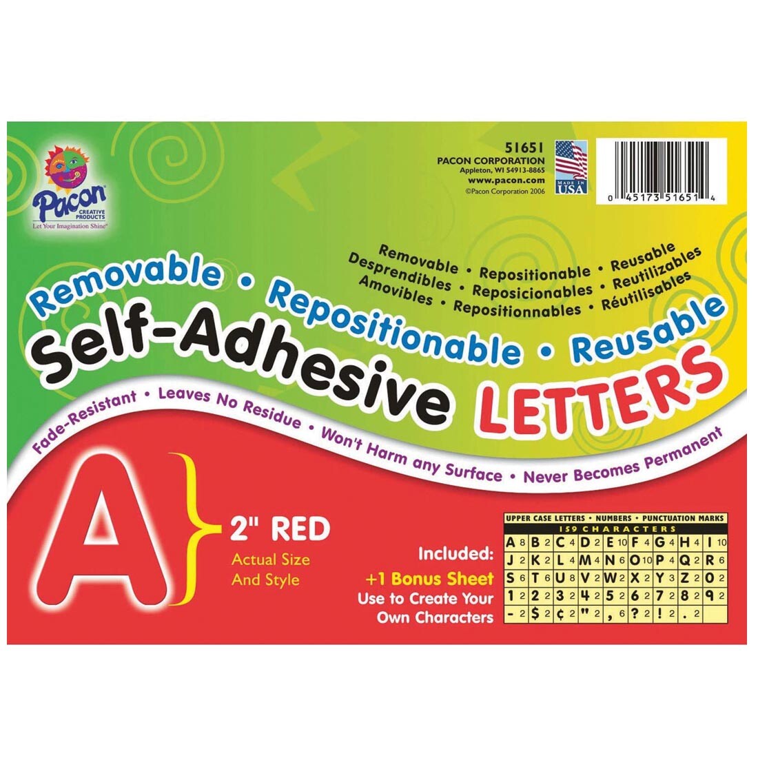 Pacon Reusable Self-Adhesive Vinyl Letters & Numbers Puffy Font 2" Red