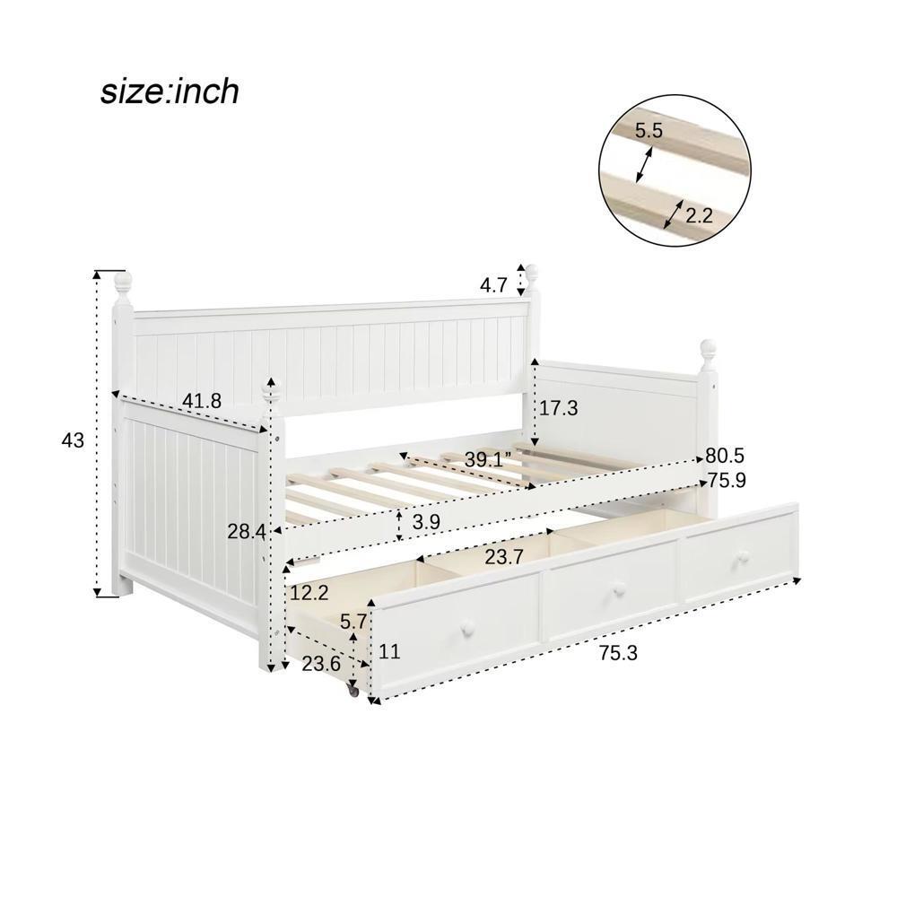 Sturdy and Durable Wood Daybed with Three Drawers Twin Size Daybed White