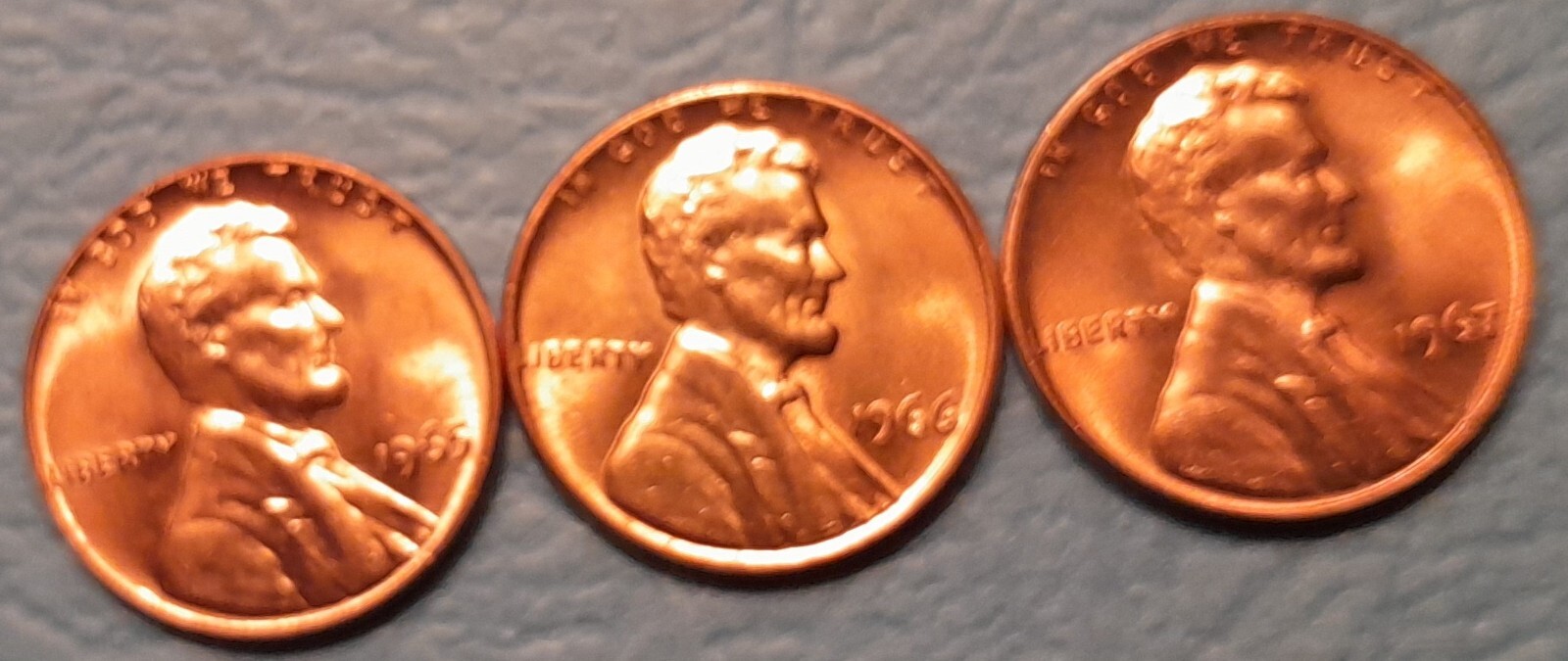 1965,1966,1967 BU Lincoln Cents (3 coins) Ships Free. BU condition.
