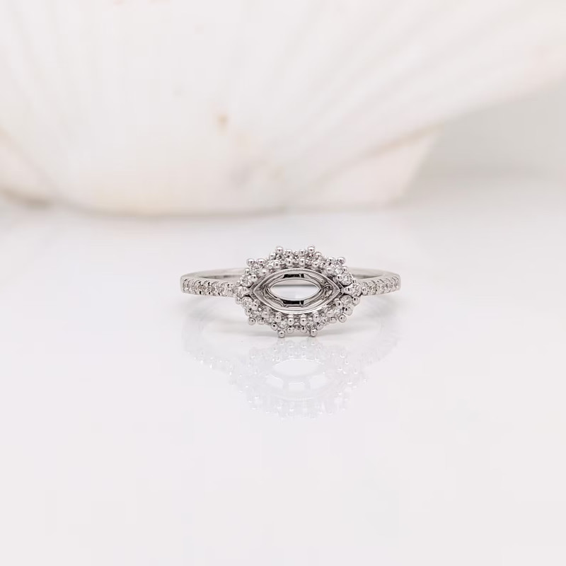 East West Marquise 7x5mm Semi Mount Ring 925 Silver Beaded Halo Pave Band Ring