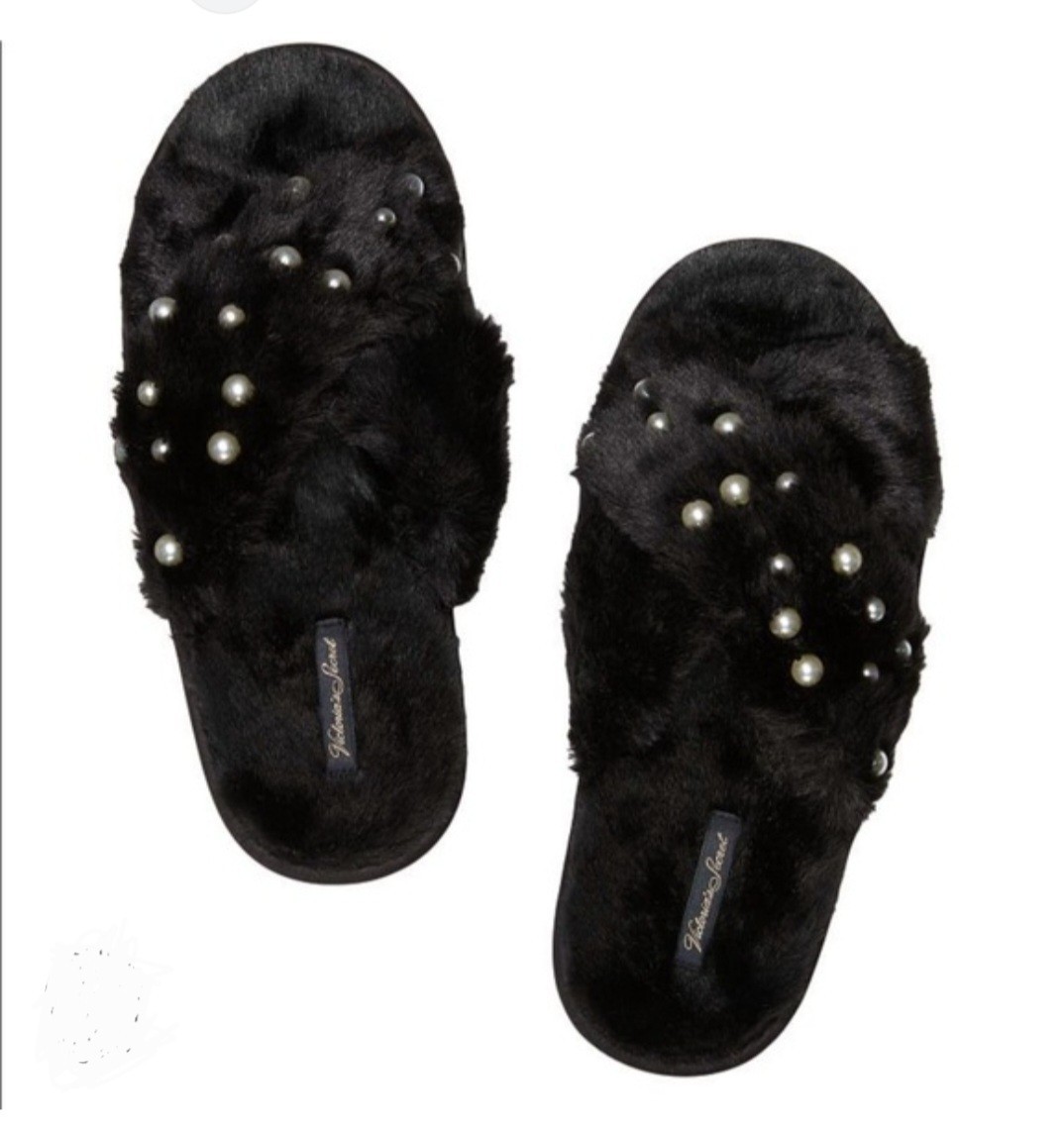 Victoria's Secret Criss Cross Blk Faux Fur Pearl Embellishment  Sz M