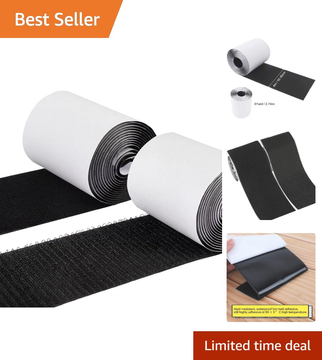 4in x 9ft Sticky Back Hook and Loop Tape Black Heavy Duty Adhesive Strips | B...
