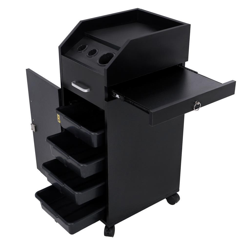 Black Salon Trolley Rolling Cart Beauty Drawer Lockable Cabinet w/4Wheel 4Holder