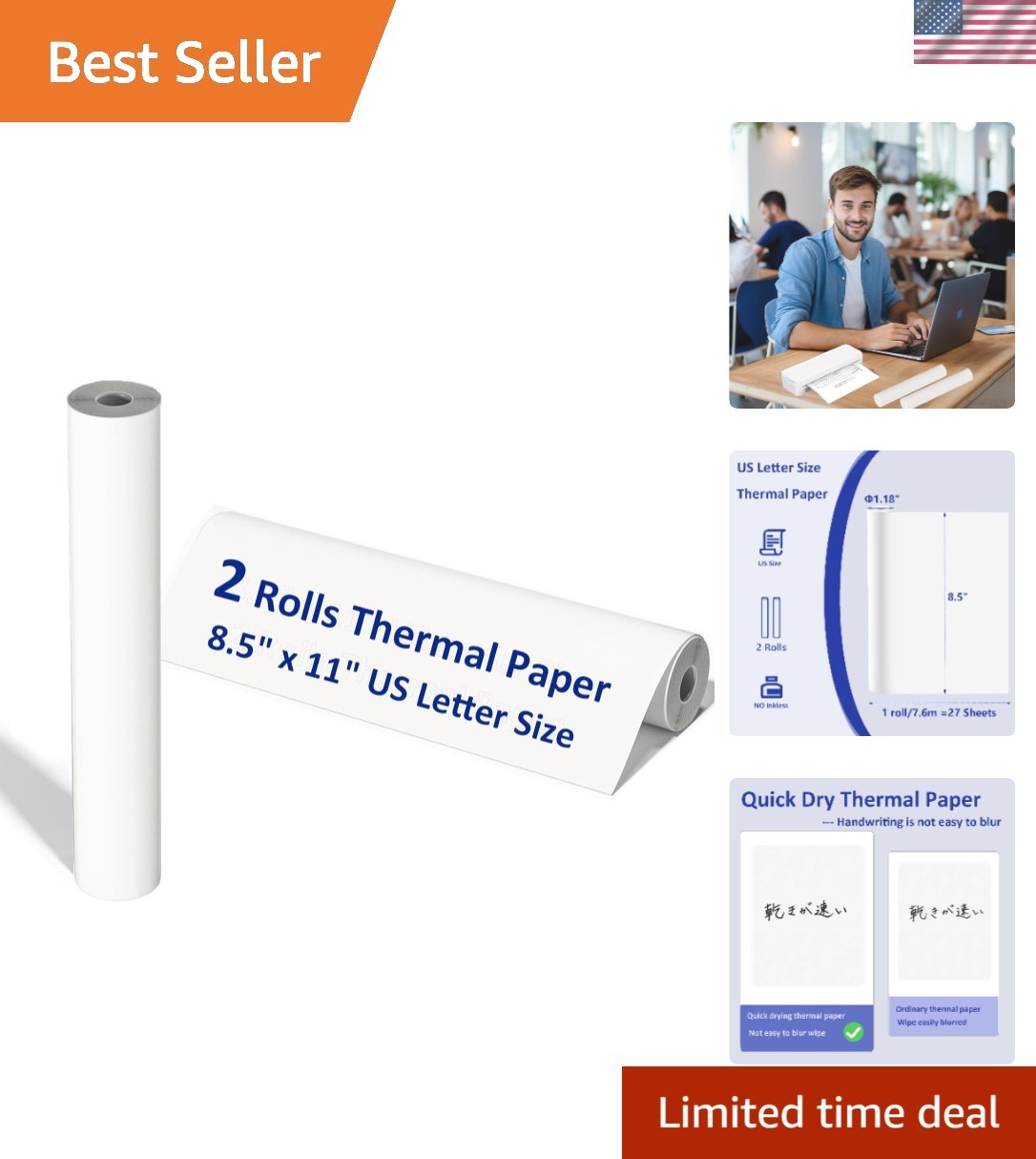 2 Rolls  Thermal Printer Paper 8.5x11 for Portable Printers - 27 Sheets