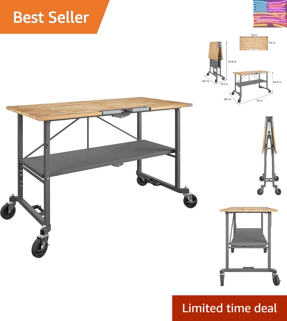 SmartFold Butcher Block Portable Workbench/Folding Utility Table Gray Steel F...