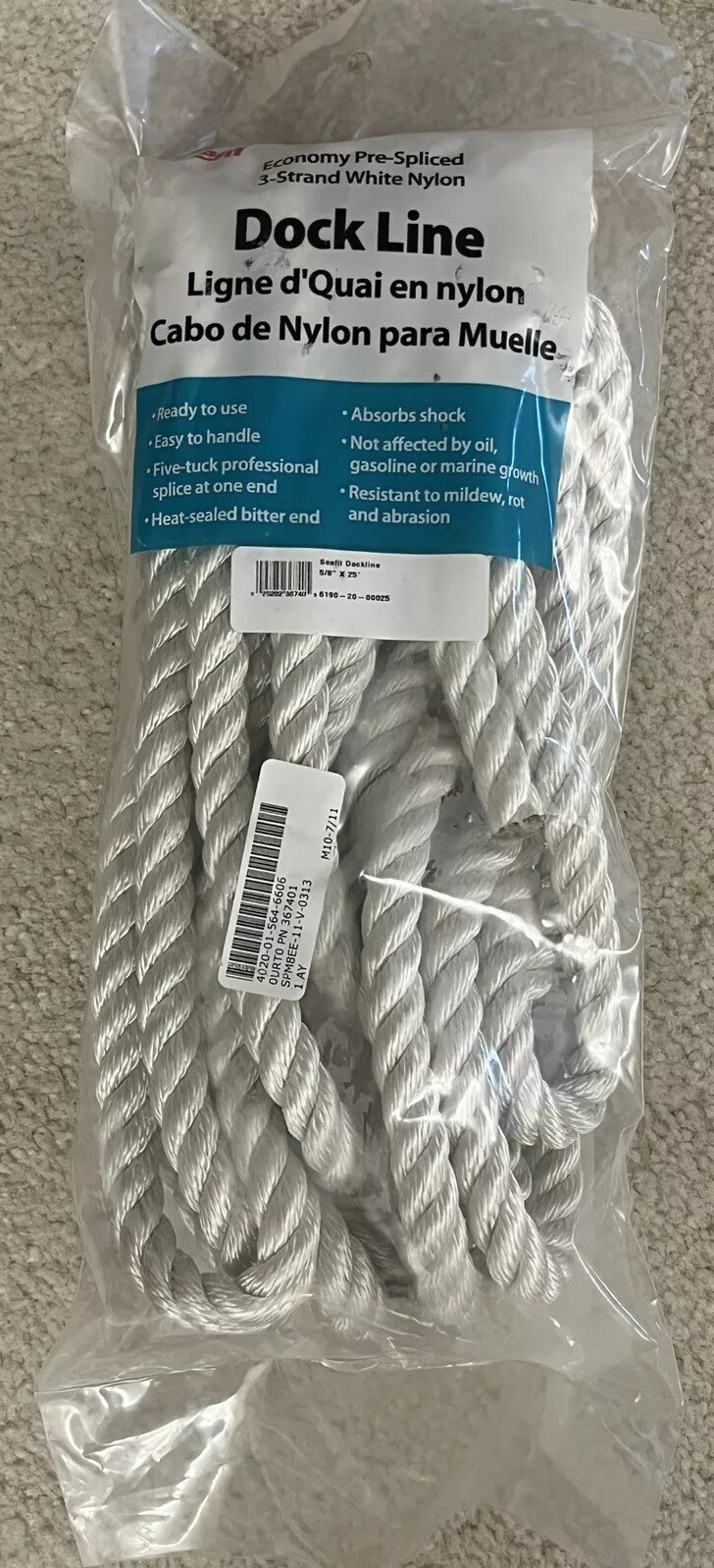USGI Dockline Rope 3-Strand White Nylon Authentic US Navy BRAND NEW