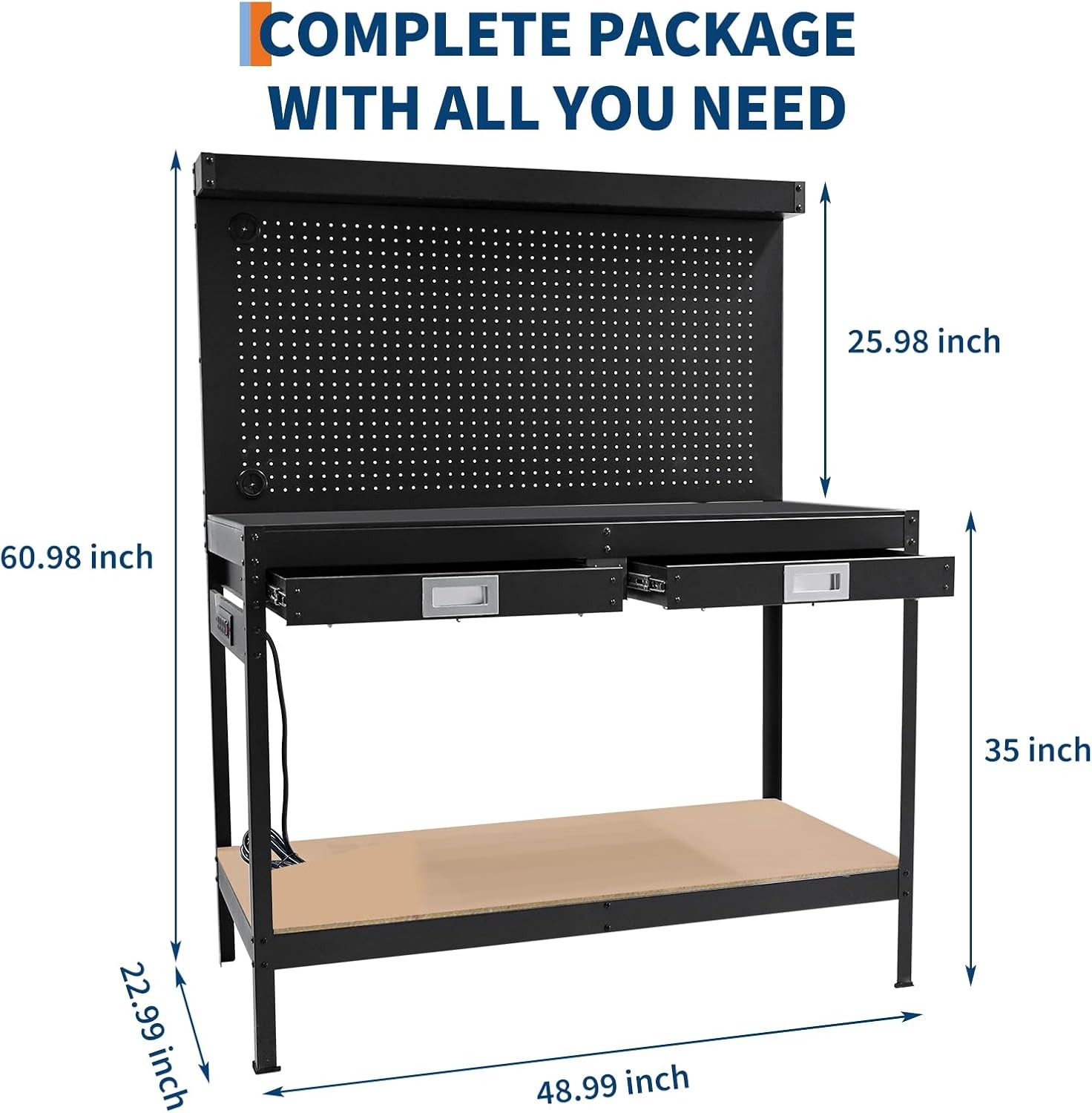US 48" Workbench 2Tier Garage W/ Power Outlet 2Drawers Pegboard Shelf Work Table