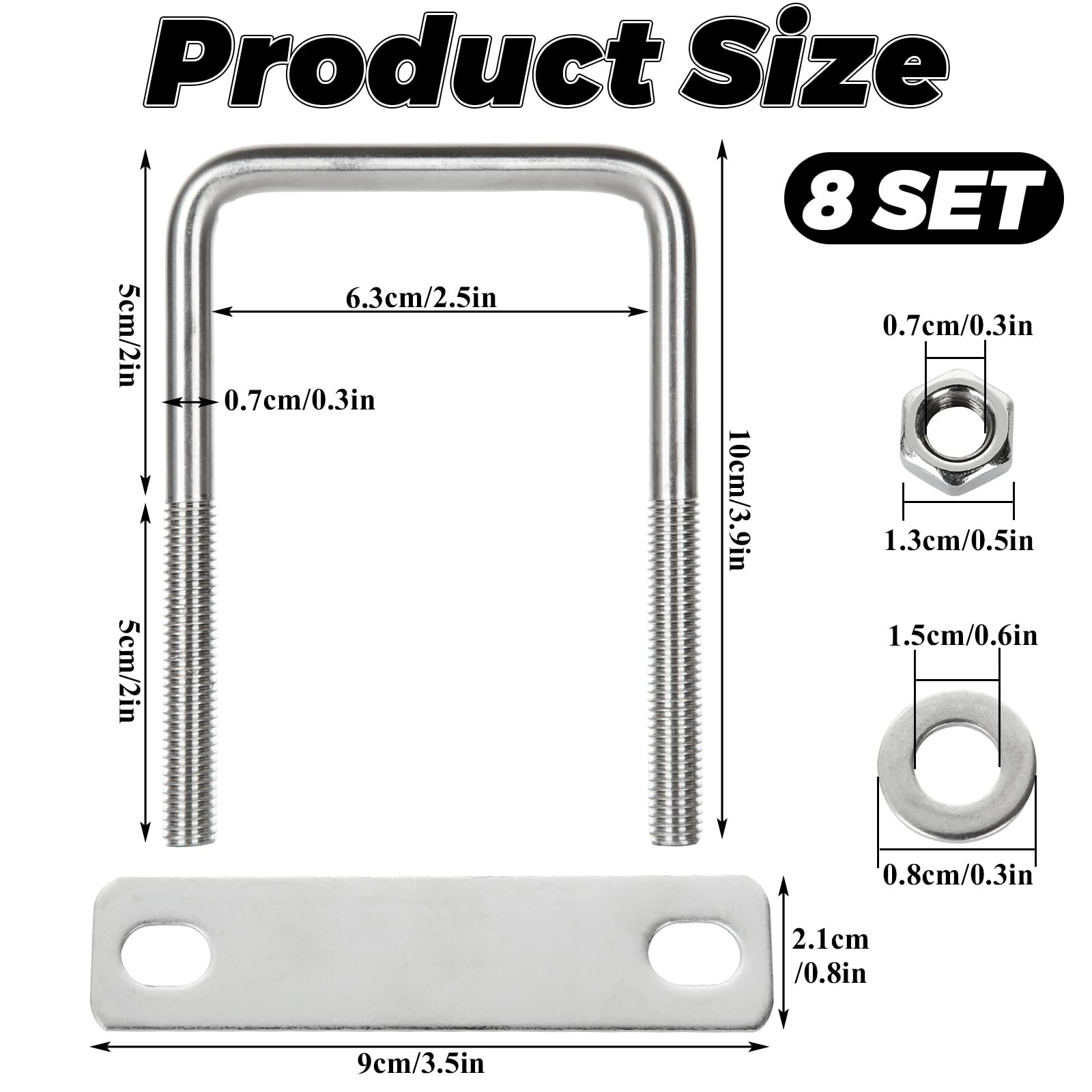 8 Pack Square U-Bolts 2-1/2" Inner Width 100mm Length 304 silver 2.5 inch