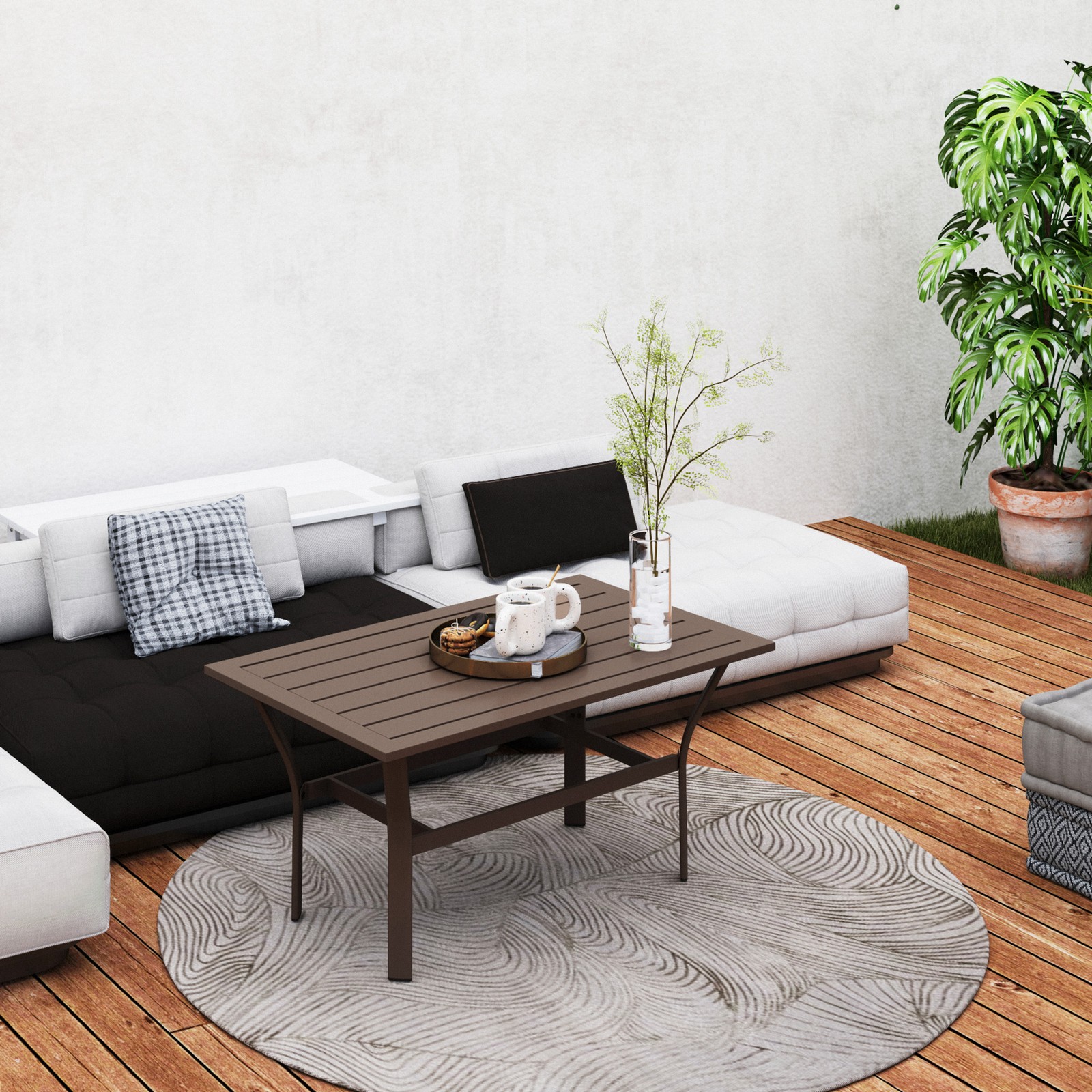 36in Metal Outdoor Coffee Table Rectangular Slatted Patio Table Brown