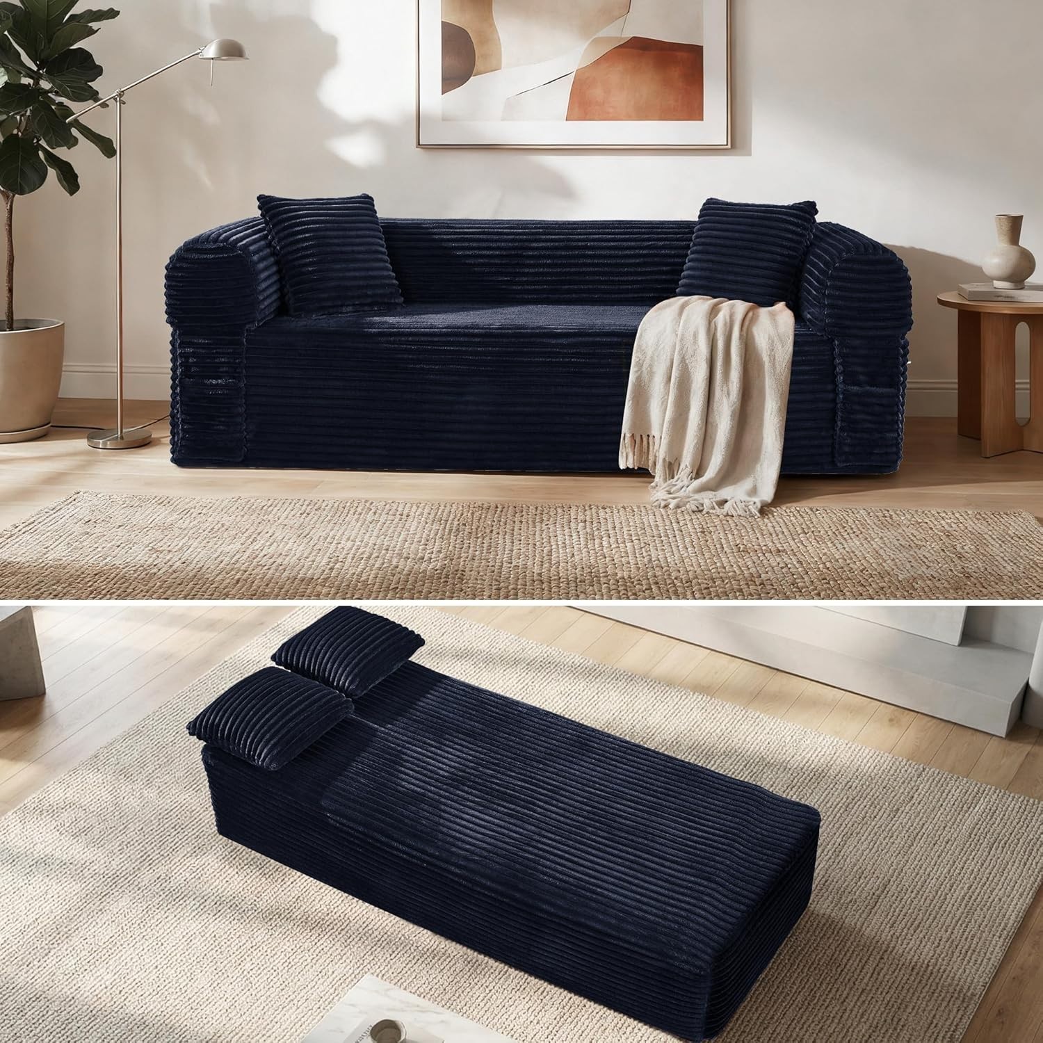 Boneless Convertible Couch Corduroy Sofa with 2 Pillows + Removable Backrest