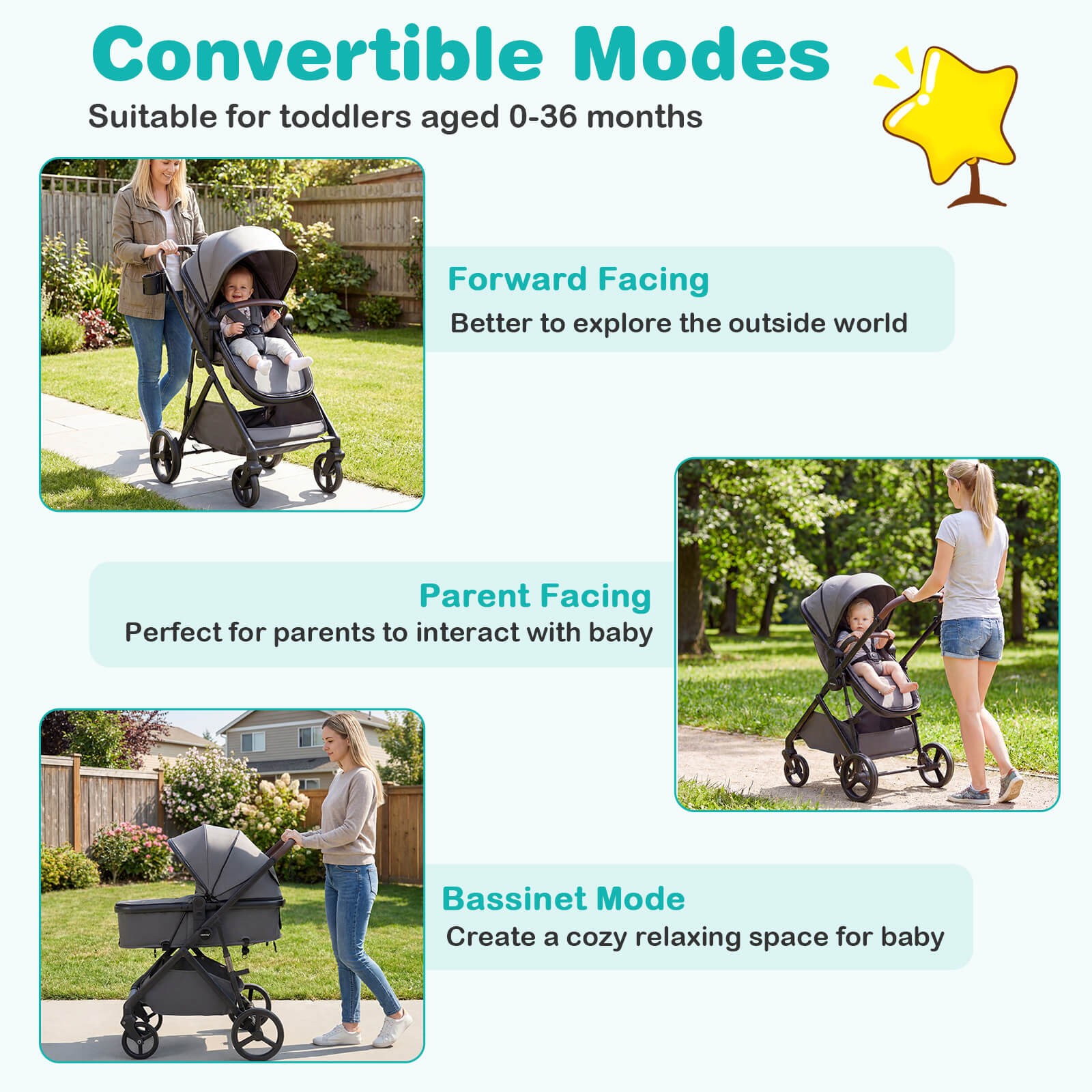 2 in 1 Baby Stroller with Bassinet Mode w/Reversible Seat, Adjustable Canopy