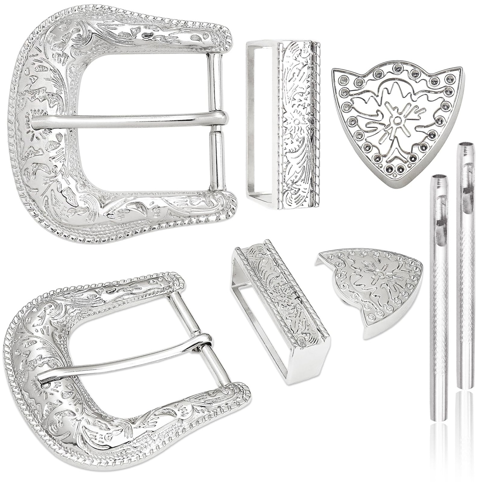 QuneusHot 6 Pieces Cowboy Replacement Belt Buckle Set Large, Shiny Silver