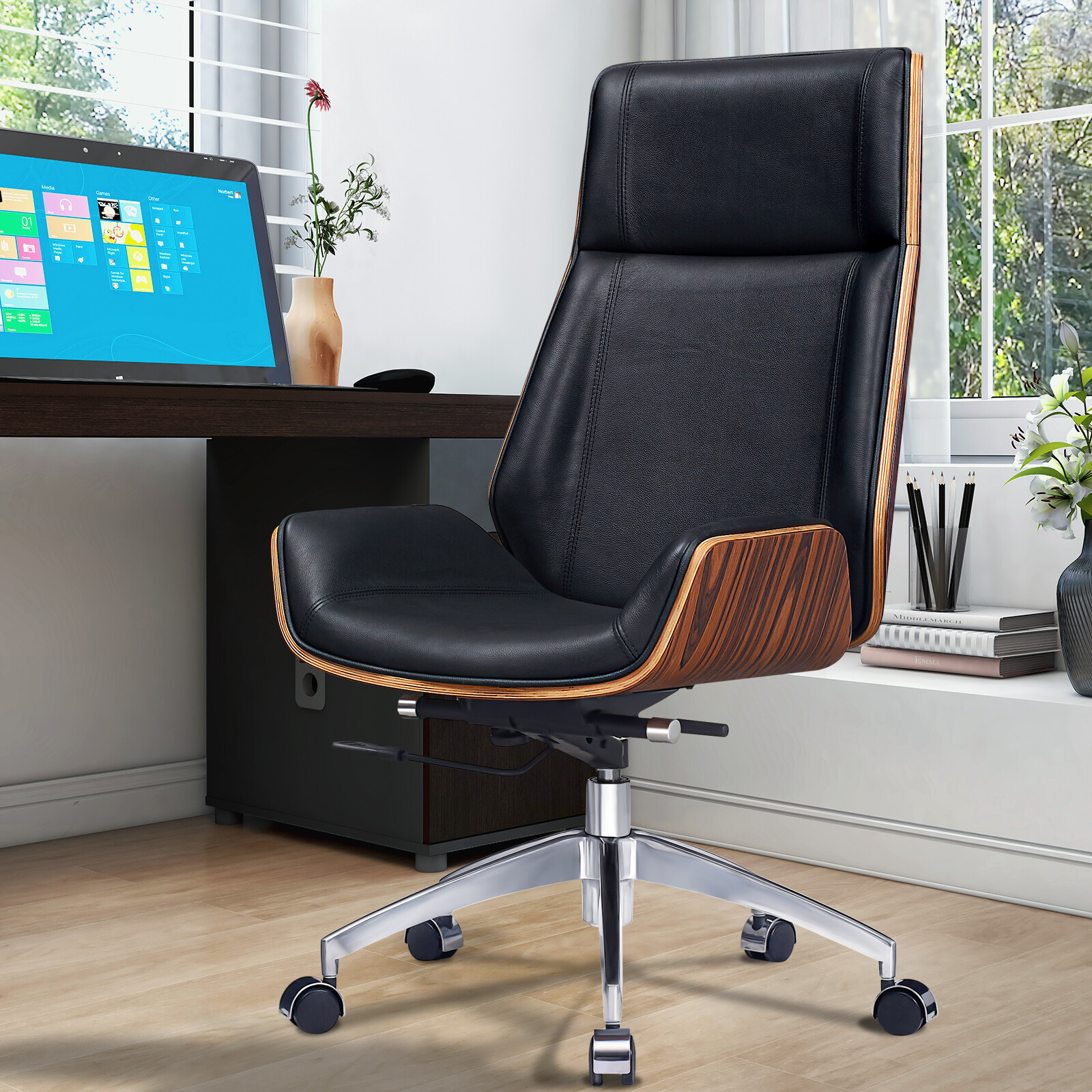 Office Chair Ergonomic Armless Chair Real Genuine Leather Desk Chair Rosewood