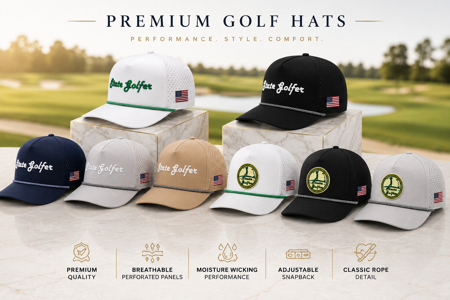 State Golfer Golf Rope Hat Snapback Trucker Cap USA Flag Golfing Adjustable