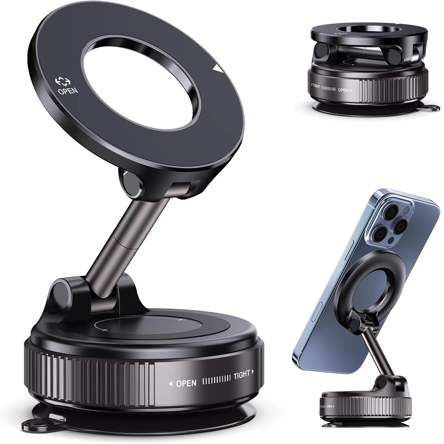 Car Phone Mount, Vacuum Suction Cup Magnetic Holder, 360° Rotatable Foldable Das