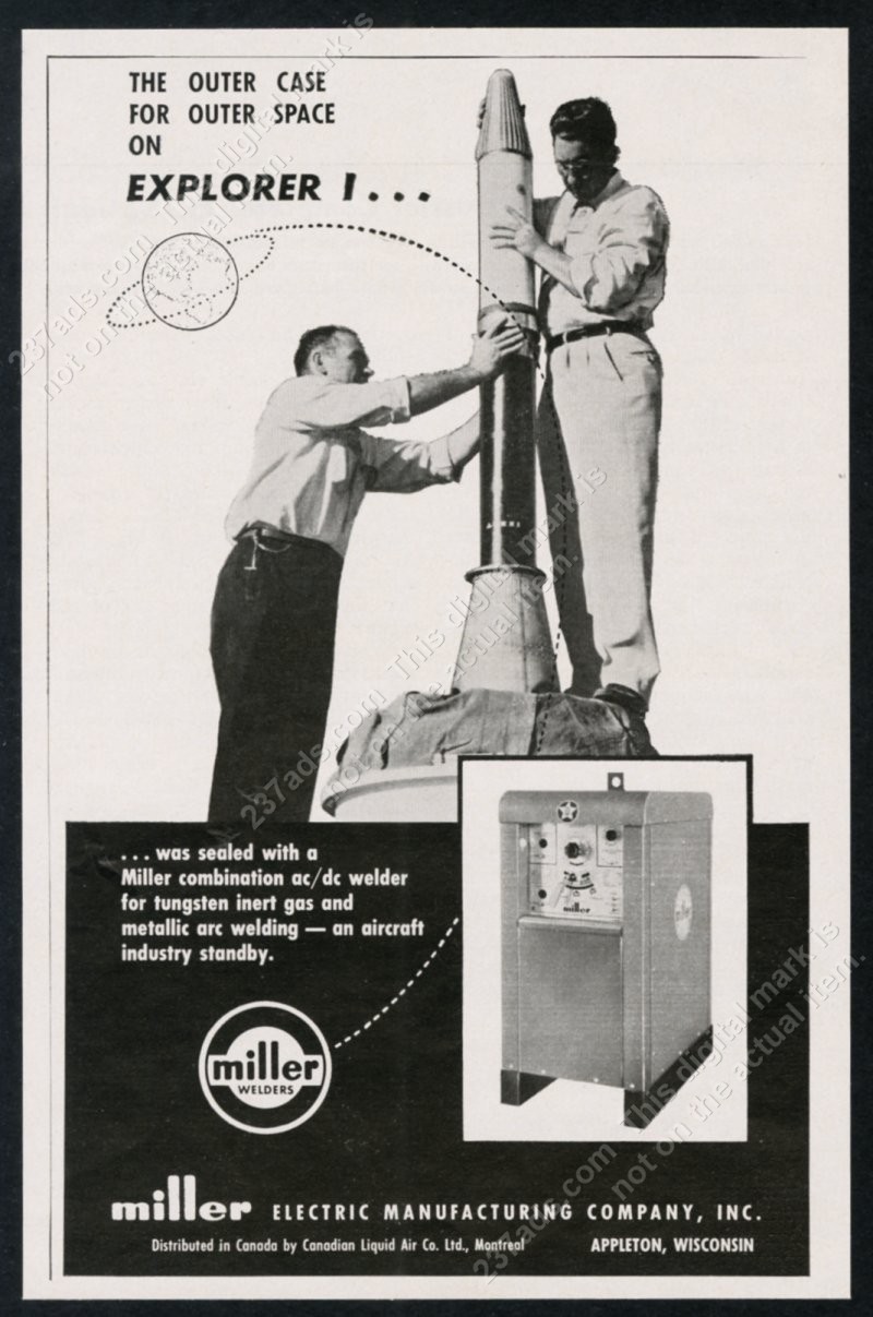 1958 Explorer 1 satellite photo Miller electric ac dc welder vintage print ad