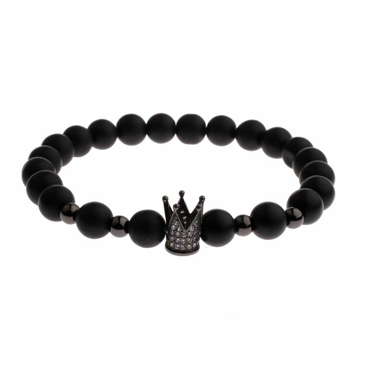 Crown Stone Matte Black Charm Men's Simulated Copper Bead Bracelet Simulated