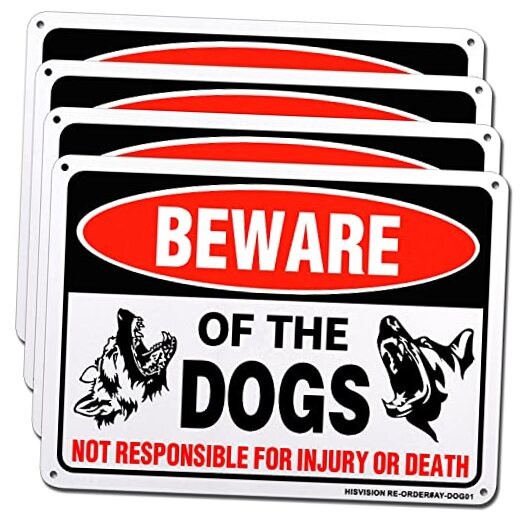 Beware of Dog Sign, 4 Pack 10"x 7" Rust Free .40 Aluminum, UV Red-4 Pack