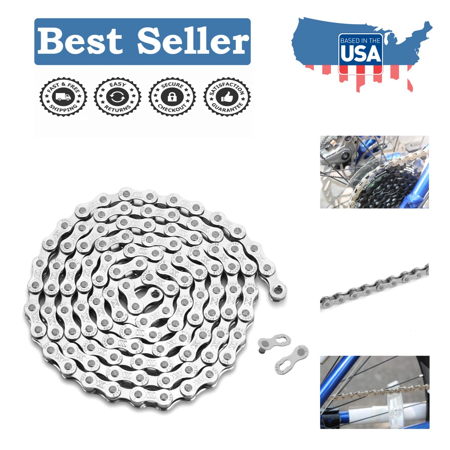 Stainless Steel Bike Chain 6/7/8 Speed - 1/2 x 3/32 Inch, 116 Links