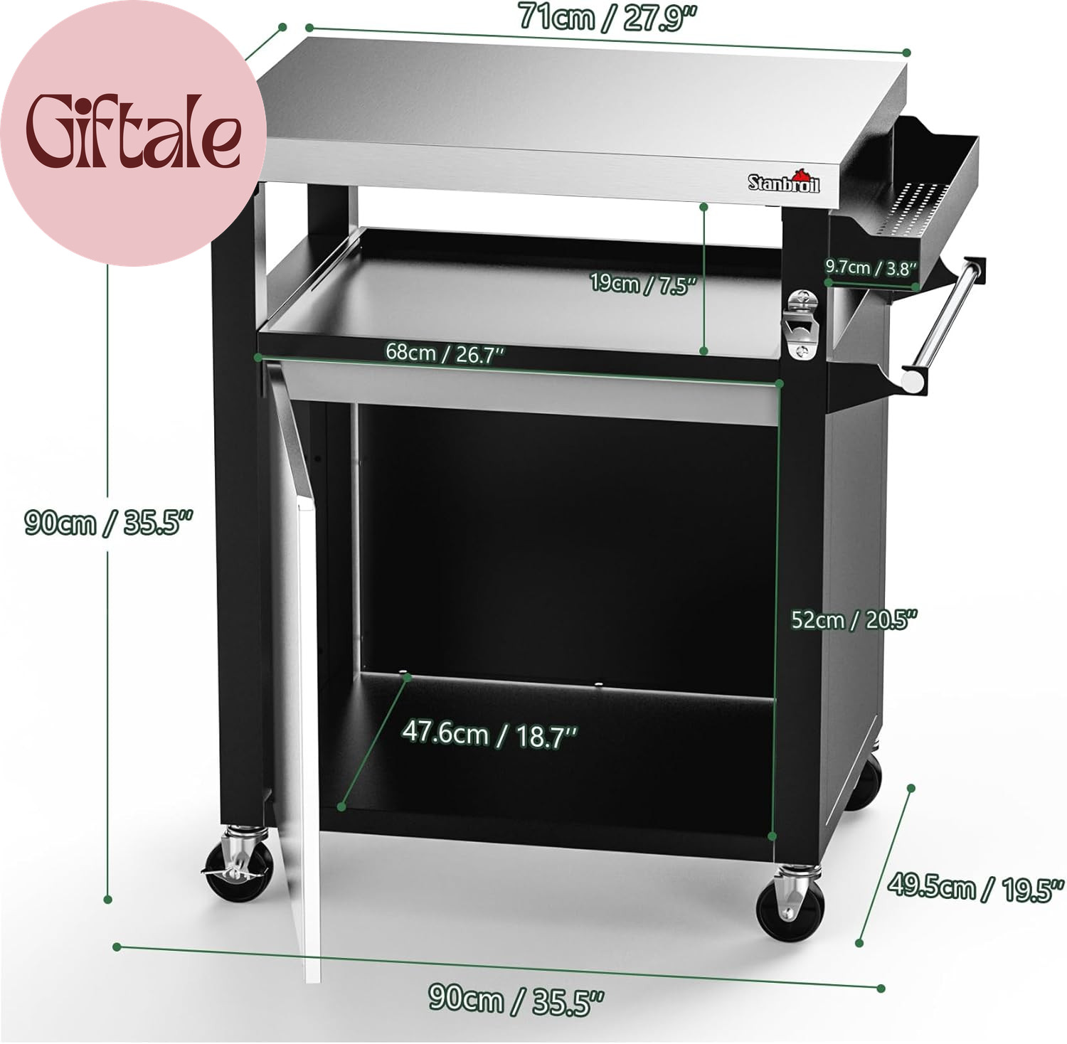 Rolling Grill Table Cart with Storage Cabinet, 3-Shelf Movable Prep Table Outdoo