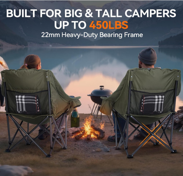 Oversized Camping Chair Padded Heavy Duty Foldable Cooler Bag Cup Holder 450lb
