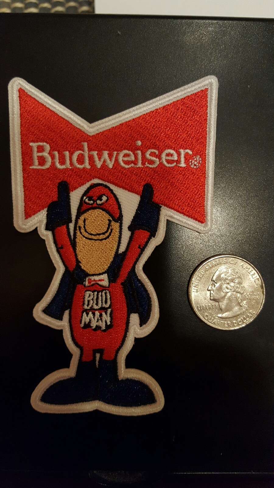 BUDWEISER BUD MAN EMBROIDERED IRON ON PATCH 4 X 2.5"