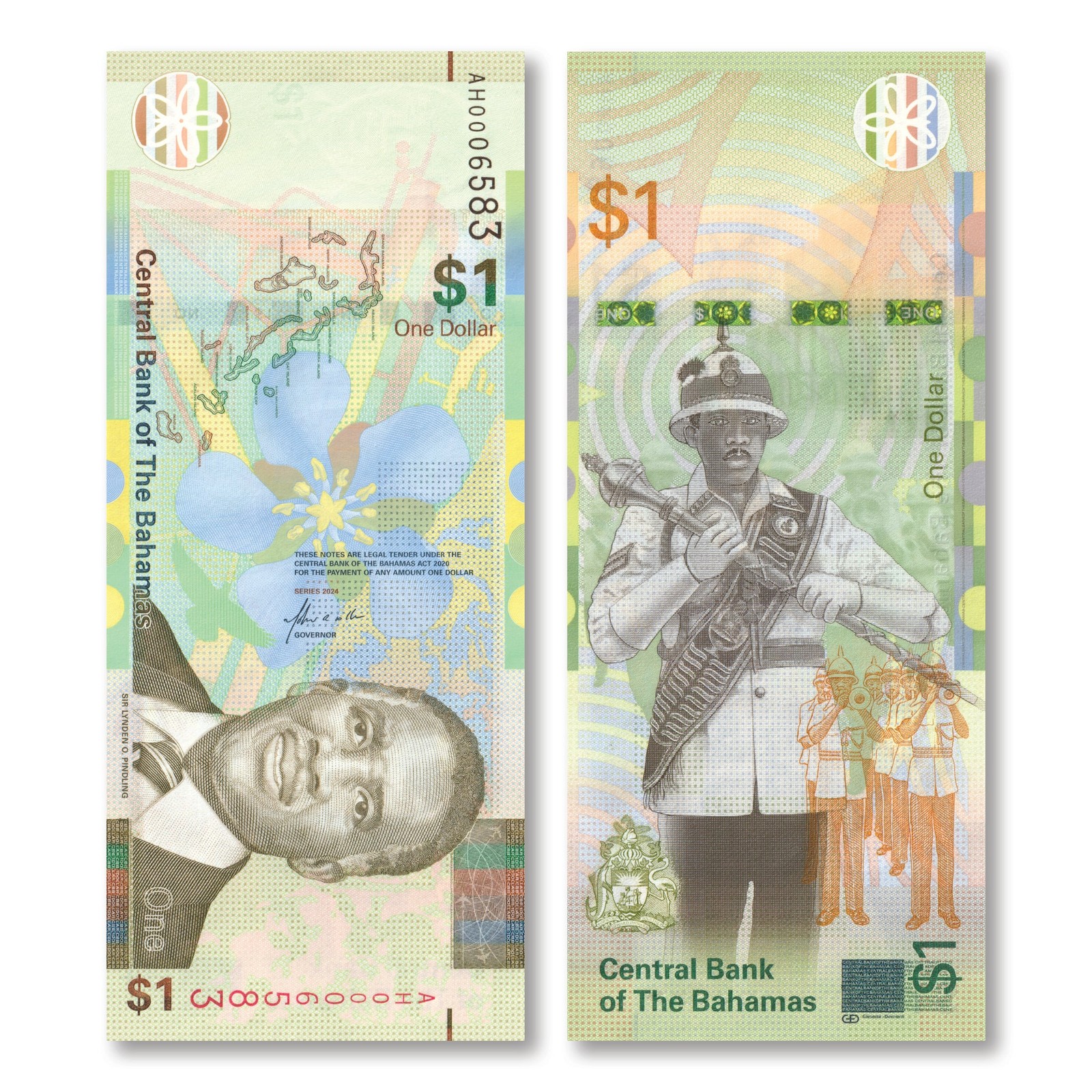 Bahamas 1 Dollar, 2024 (2025), First Prefix, Lowish Serial, B357a, UNC