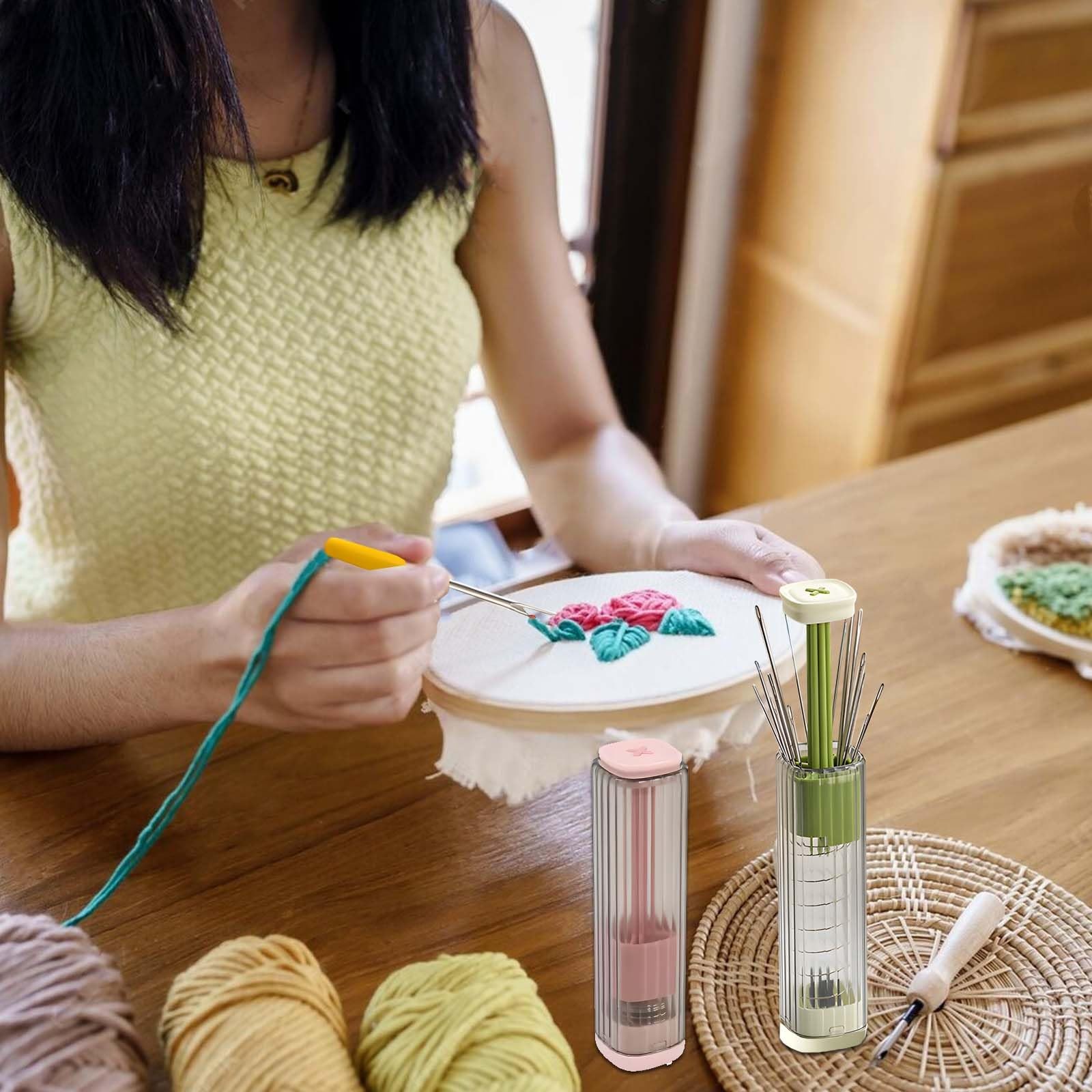 2-Piece Magnetic Needle Case with Pop-Up Design | Quick Sewing Kit Green,Pink