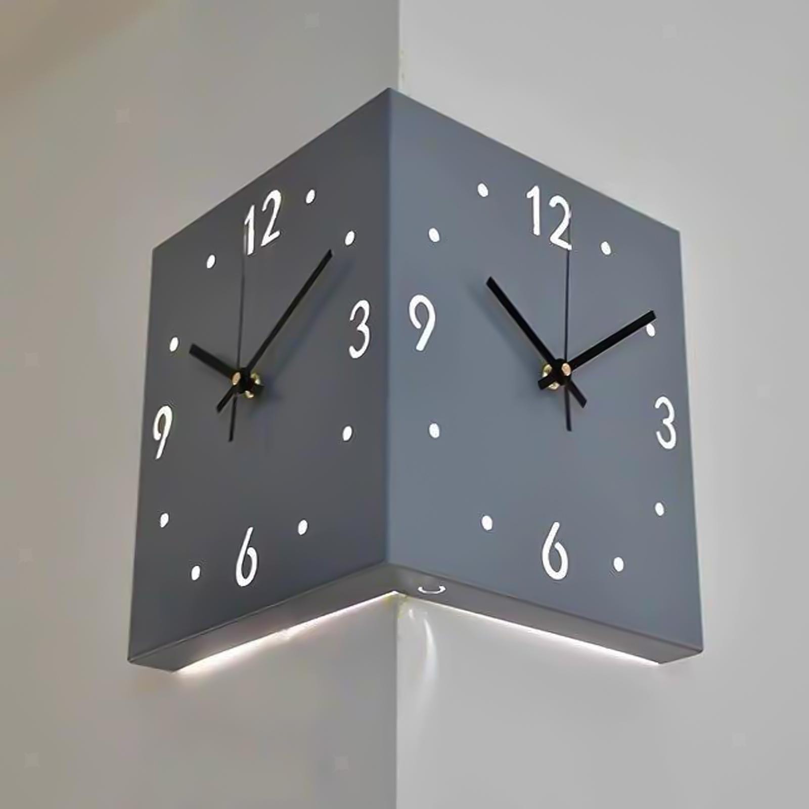 Double Sided Corner Wall Clock Decorative with Light Easy Read Square Silent for