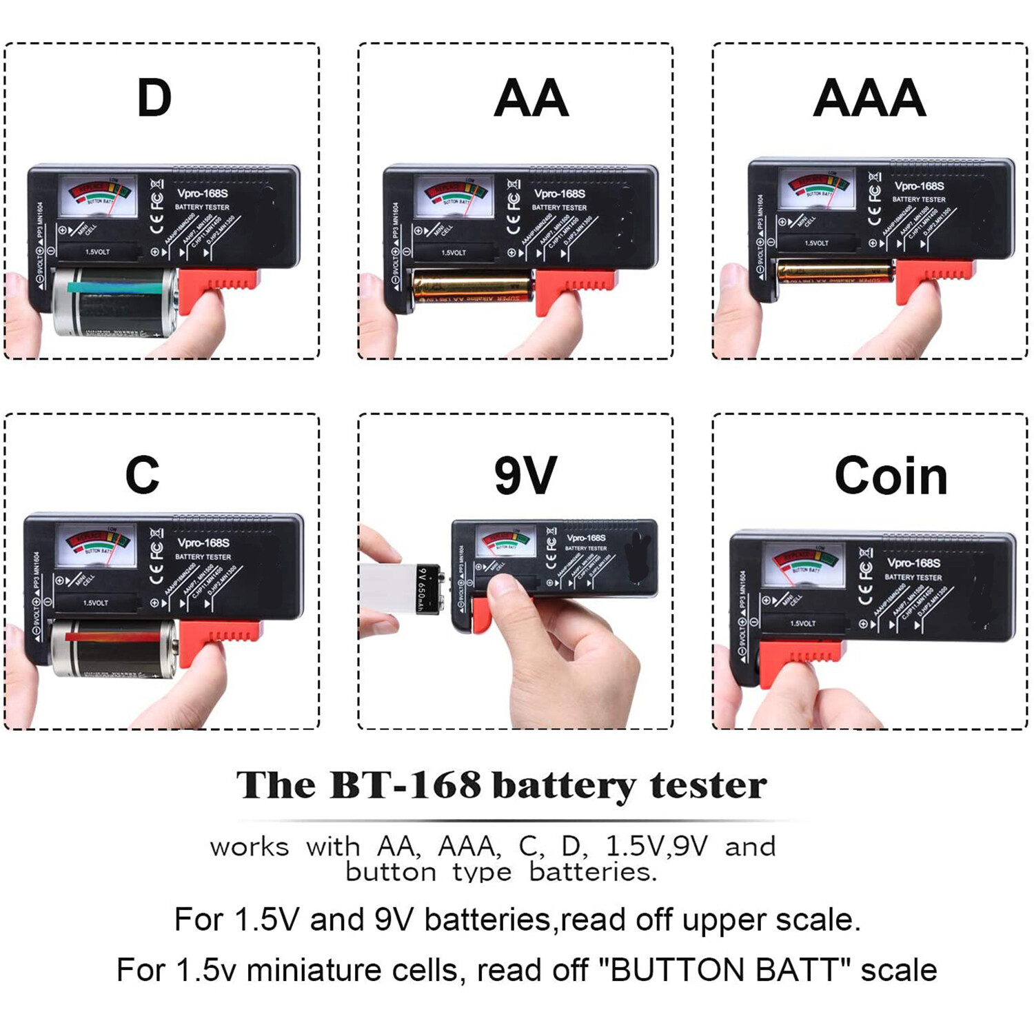 Universal Battery Tester Checker For AA AAA C D 9V 1.5V Button Cell Batteries
