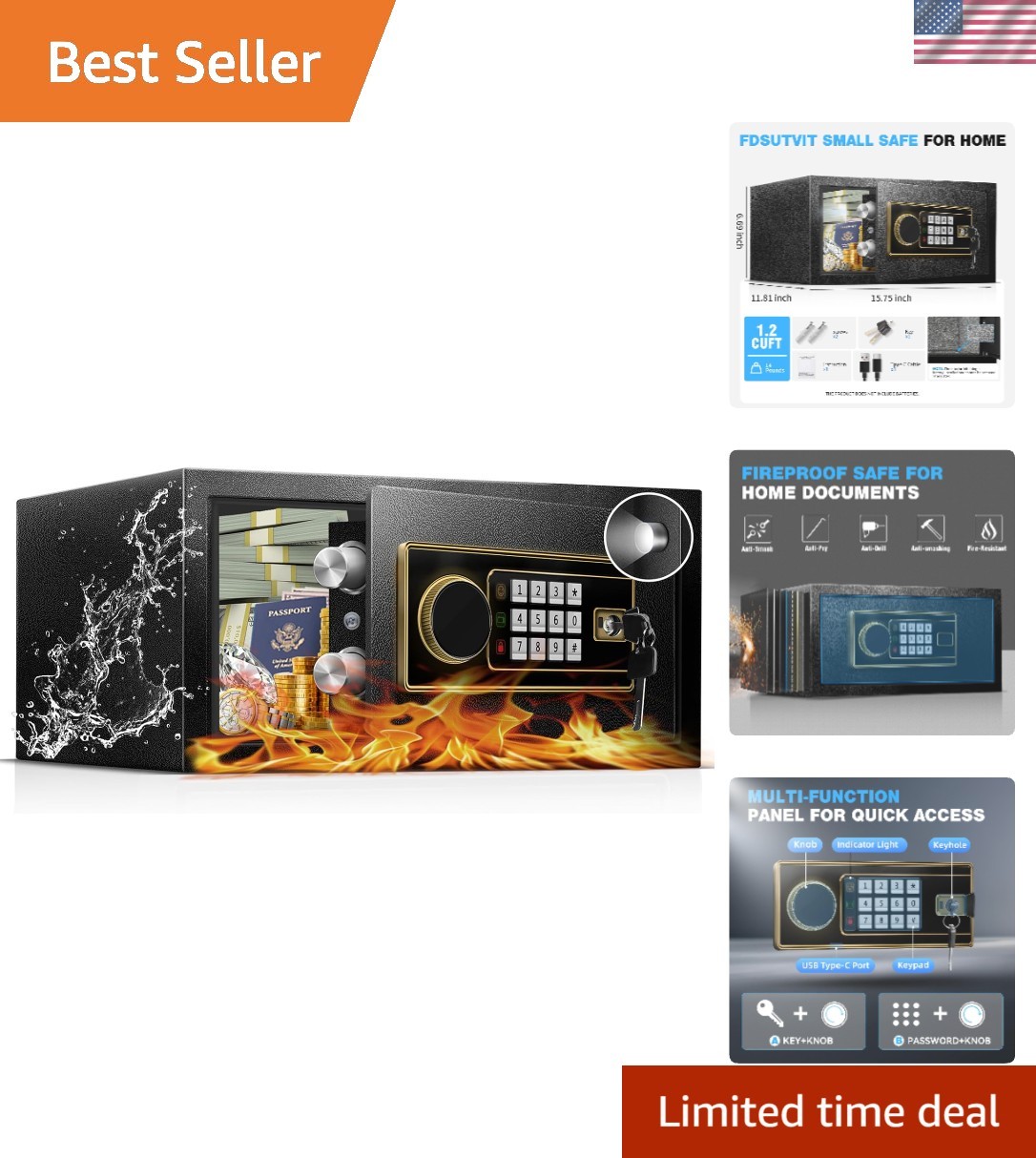 1.2 Cu Ft Small Safe Box for Home, Steel Lock Box with Type-C Port | Digital ...