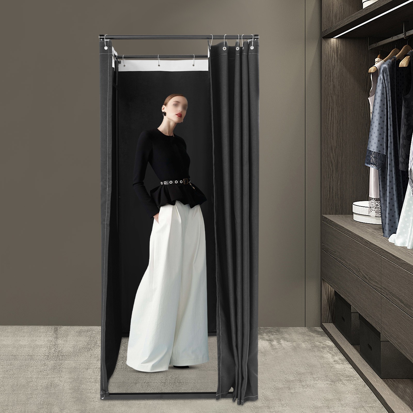 Black Portable Fitting Room Changing Room with Curtain and Hooks New