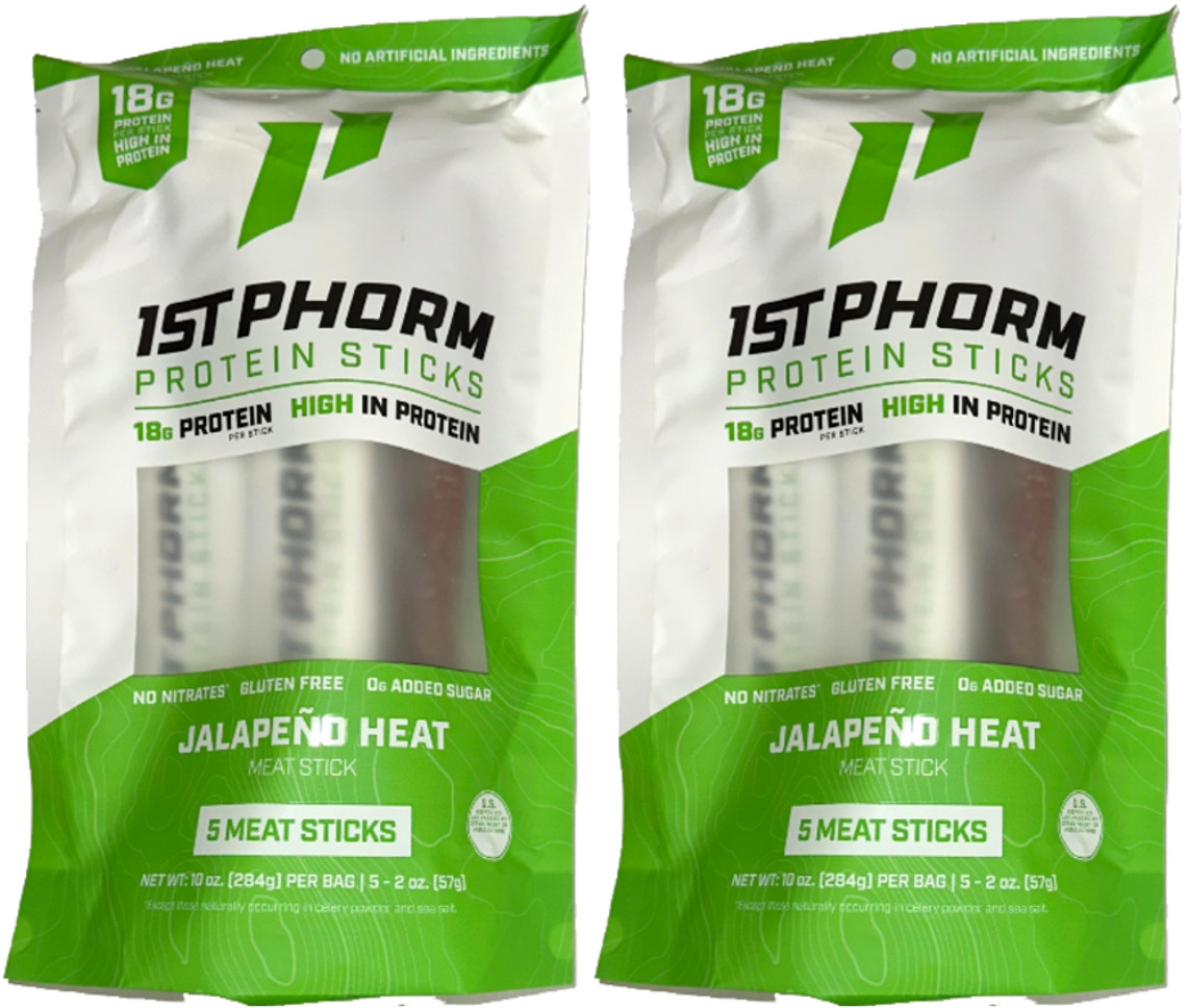 1st PHORM JALAPENO HEAT 18G Protein Sticks Meat, 5 Count x 2 Bags=10 Meat Sticks