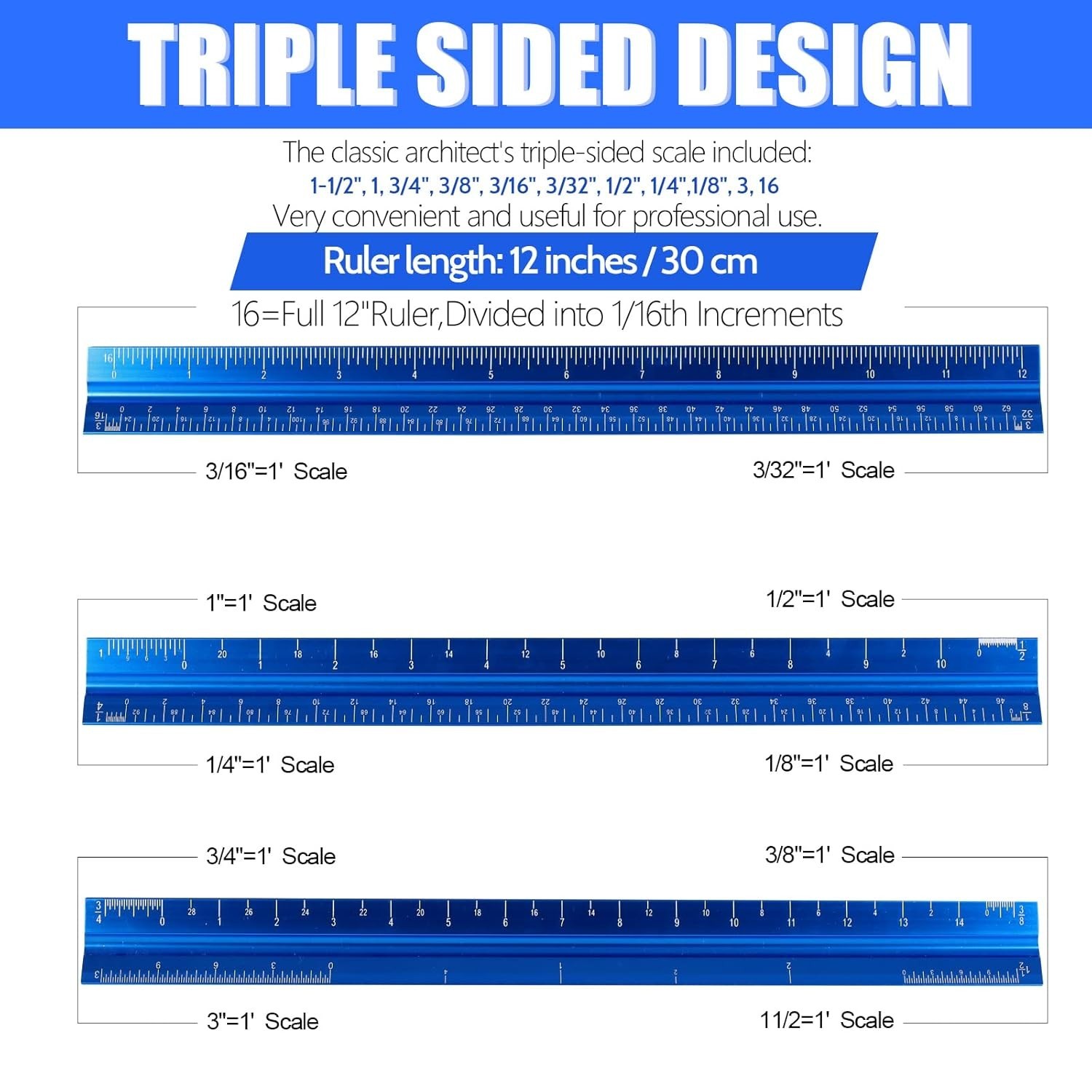 12" Architectural Scale Ruler, Aluminum Scale, Triangular Ruler, Scale Ruler for