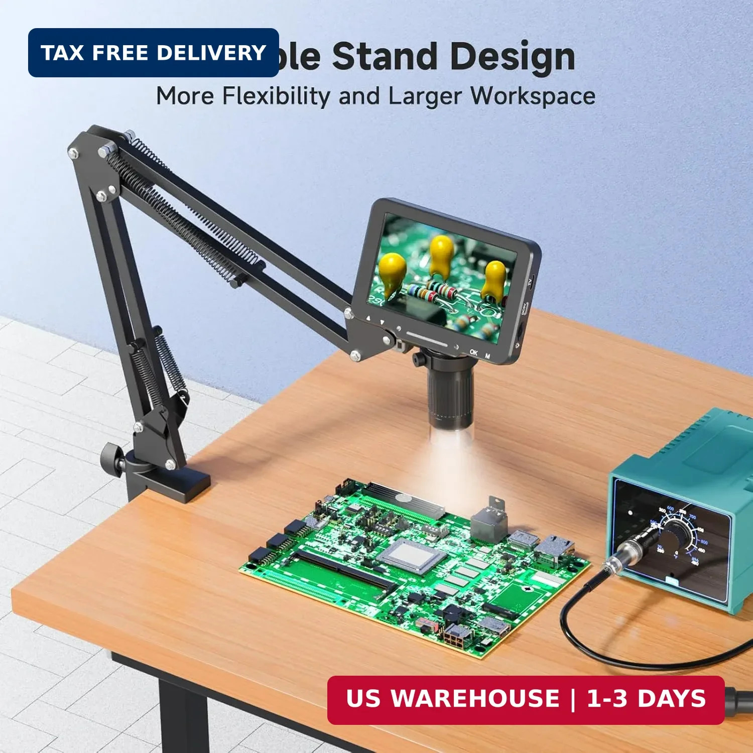 5" LCD Digital Soldering Microscope with Flexible Stand, 1000X Magnification for