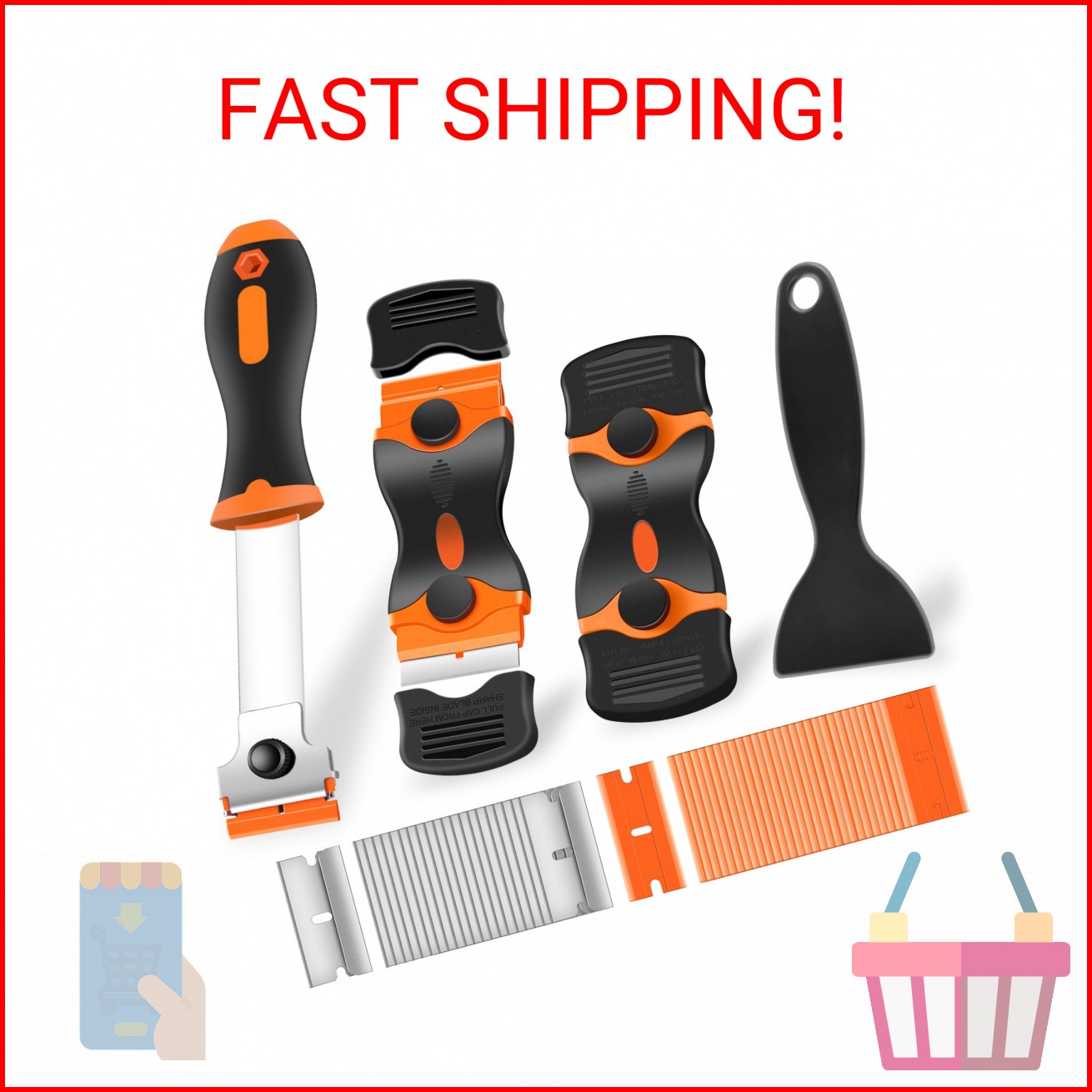 NECAMOCU 4 Pack Razor Blade Scraper, Includes 50 PCS Metal & Plastic Blades